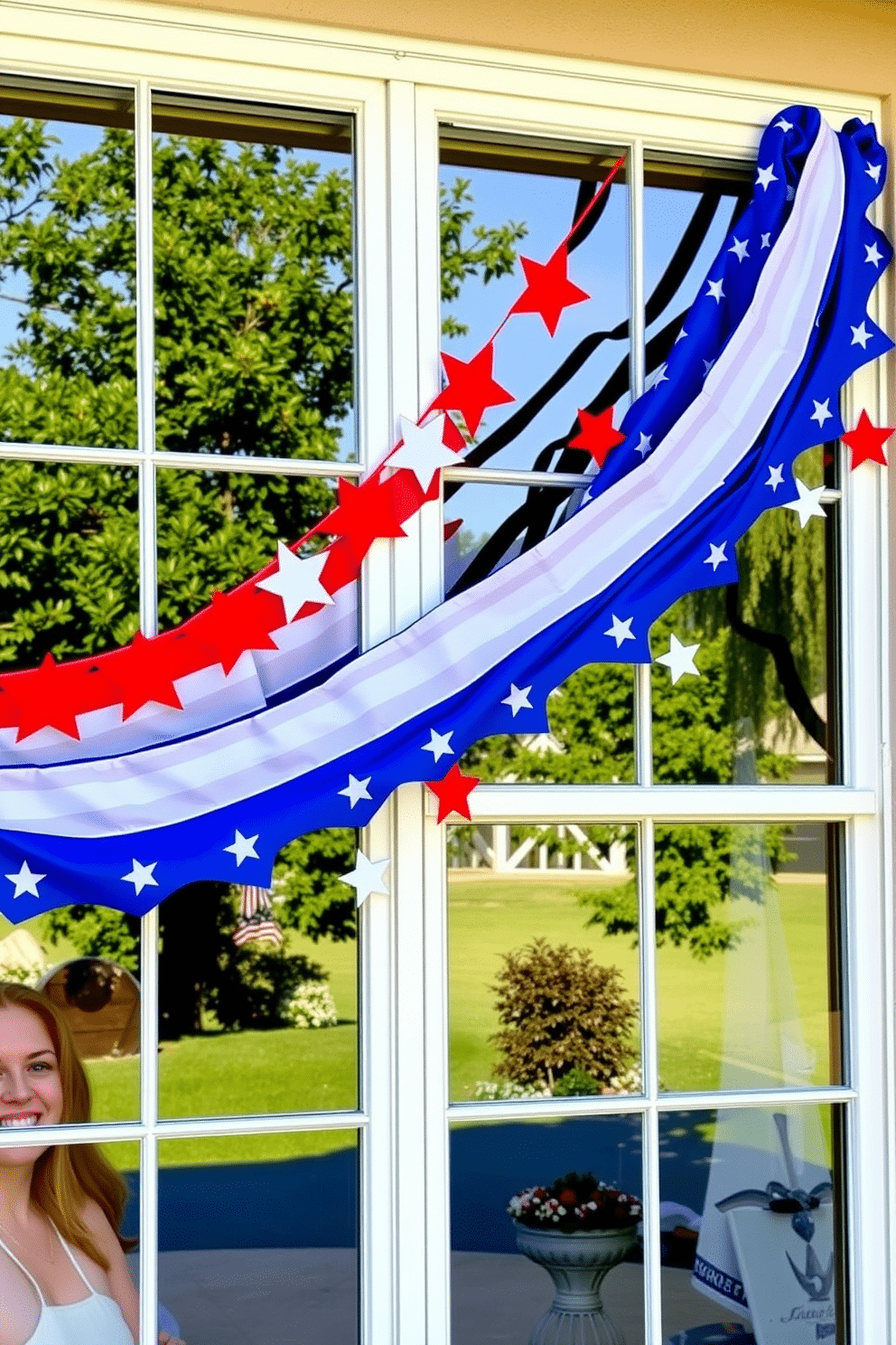 A festive window display for Independence Day featuring stars and stripes bunting garlands. The garlands are draped elegantly across the window frame, creating a vibrant and patriotic atmosphere.