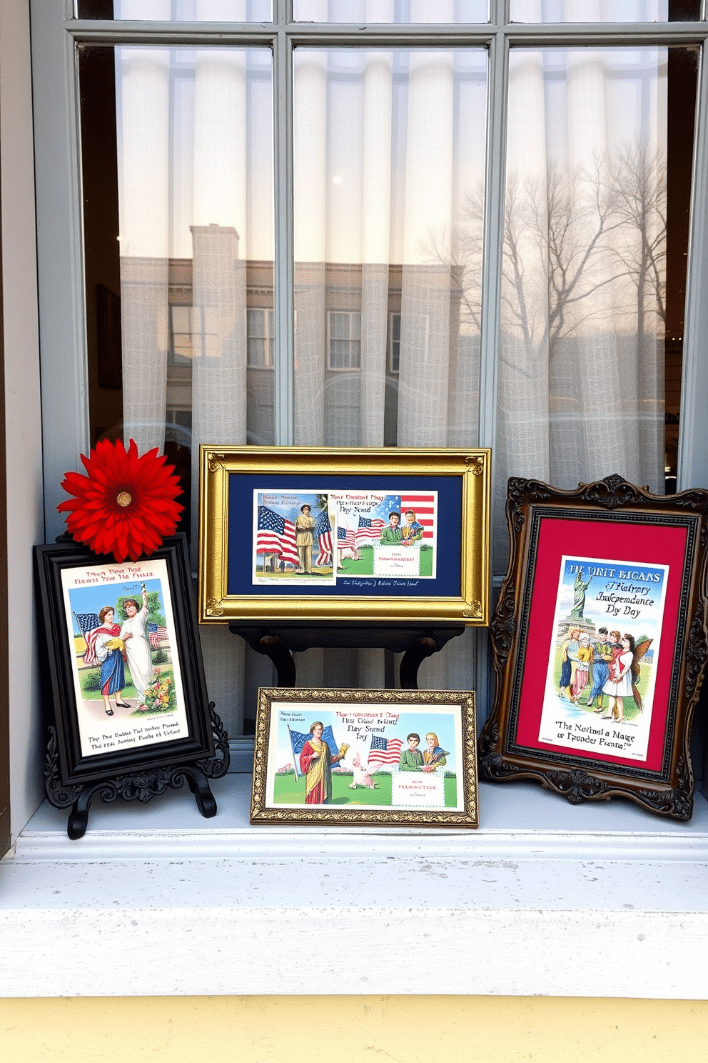 A charming display of vintage patriotic postcards in ornate frames adorns the window sill. The postcards feature vibrant colors and nostalgic designs, celebrating Independence Day with a sense of history and pride.