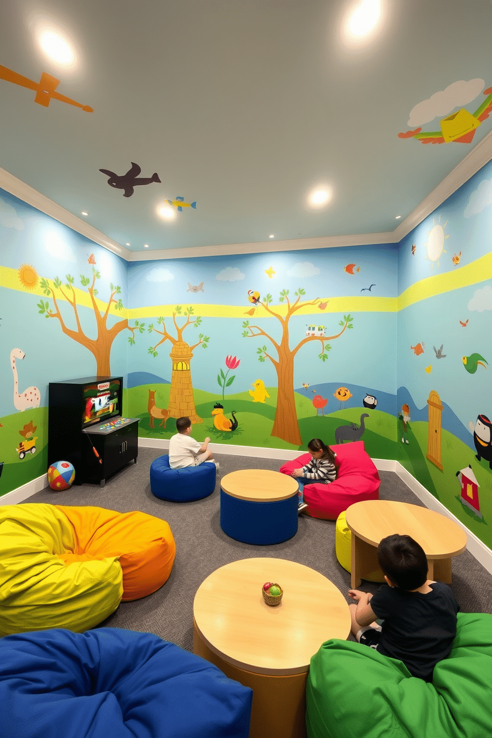 A vibrant game room filled with colorful wall murals depicting whimsical characters and playful scenes. The furniture includes bean bags and low tables, creating a fun and inviting space for children to enjoy their games.