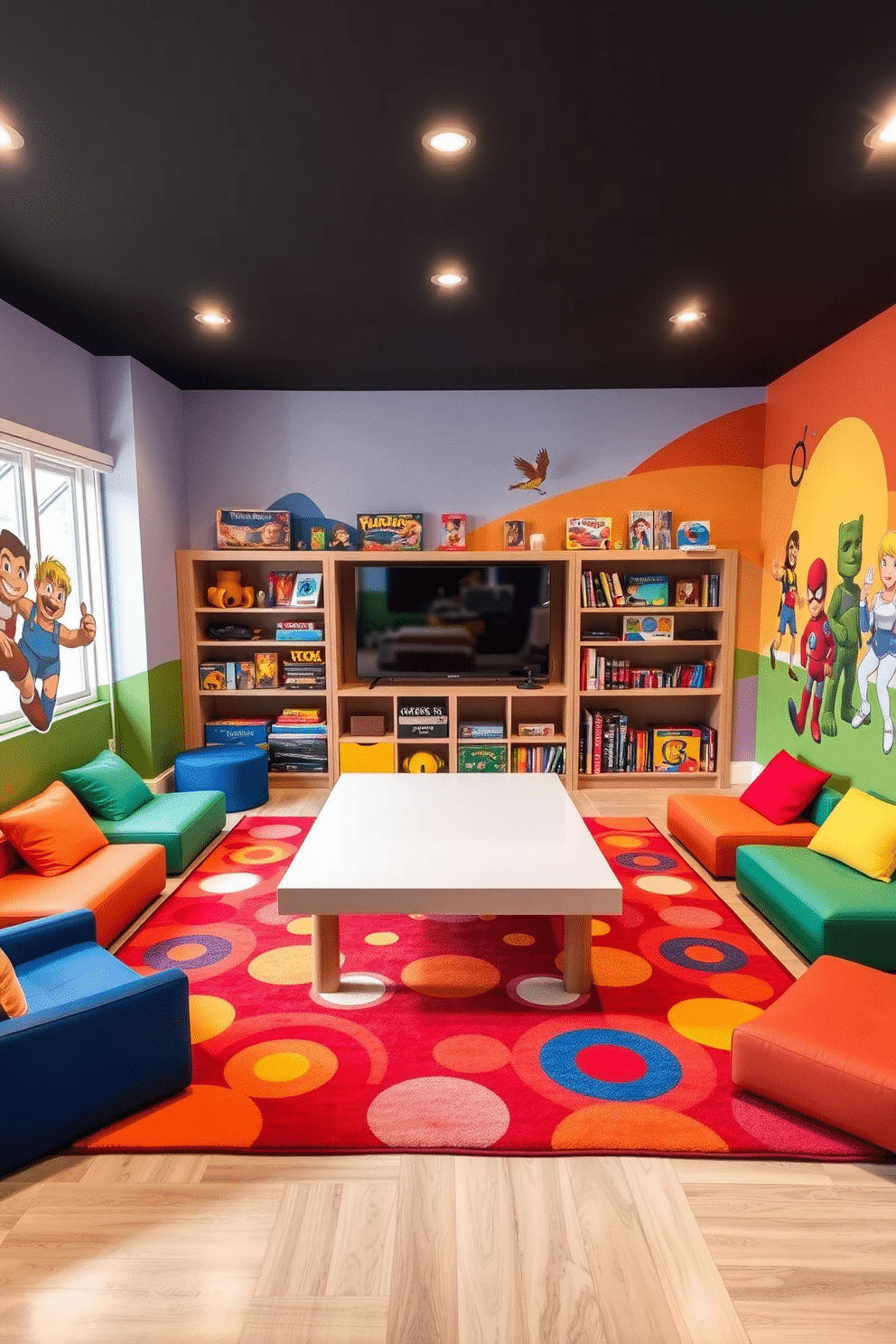 A vibrant kids' game room designed for board and card games, featuring a large, colorful area rug in the center. Surrounding the rug are low, comfortable seating options in various bright colors, with a large table in the middle that has a glossy finish perfect for game play. The walls are adorned with playful murals of popular game characters, creating an inviting atmosphere. Shelves filled with neatly organized board games and card decks are easily accessible, ensuring endless fun for children and their friends.