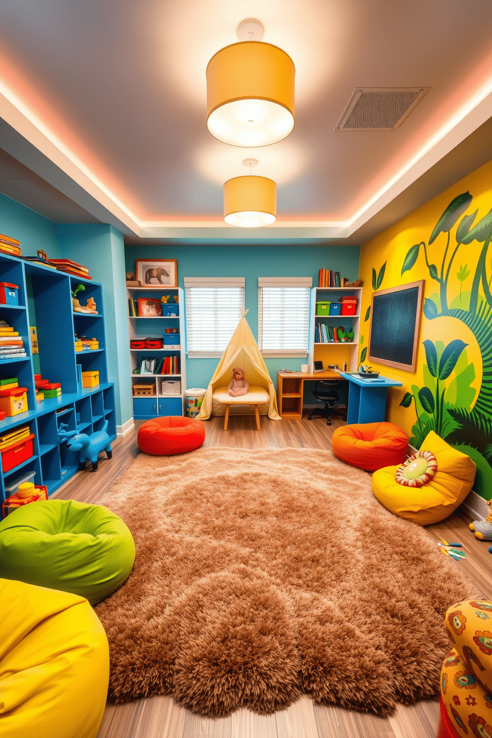 A vibrant kids' game room filled with playful energy. The walls are painted in bright, cheerful colors, with a large mural of a jungle scene on one side. In the center, a plush, oversized rug provides a soft area for play, surrounded by colorful bean bags and floor cushions. Shelves are filled with toys, books, and games, while a cozy reading nook with a small tent creates a perfect retreat for quiet time. Soft, adjustable lighting fixtures hang from the ceiling, allowing for a relaxing atmosphere during playtime or winding down. A small table with art supplies encourages creativity, while a wall-mounted chalkboard adds an interactive element for kids to express themselves.