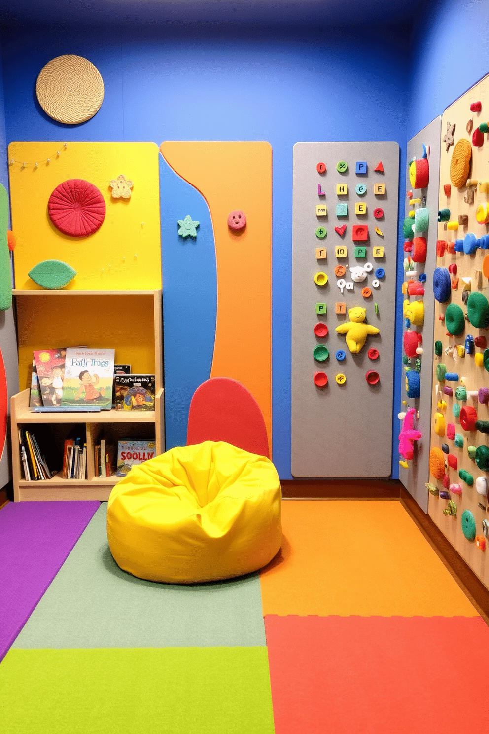 A vibrant sensory play area designed for children, featuring a variety of textures and interactive elements. The floor is covered with soft, colorful mats, while the walls are adorned with tactile panels that encourage exploration and creativity. In one corner, a cozy reading nook is created with plush bean bags and a small bookshelf filled with engaging storybooks. Nearby, a tactile wall with different fabrics, buttons, and sensory toys invites children to touch and discover, enhancing their sensory development.