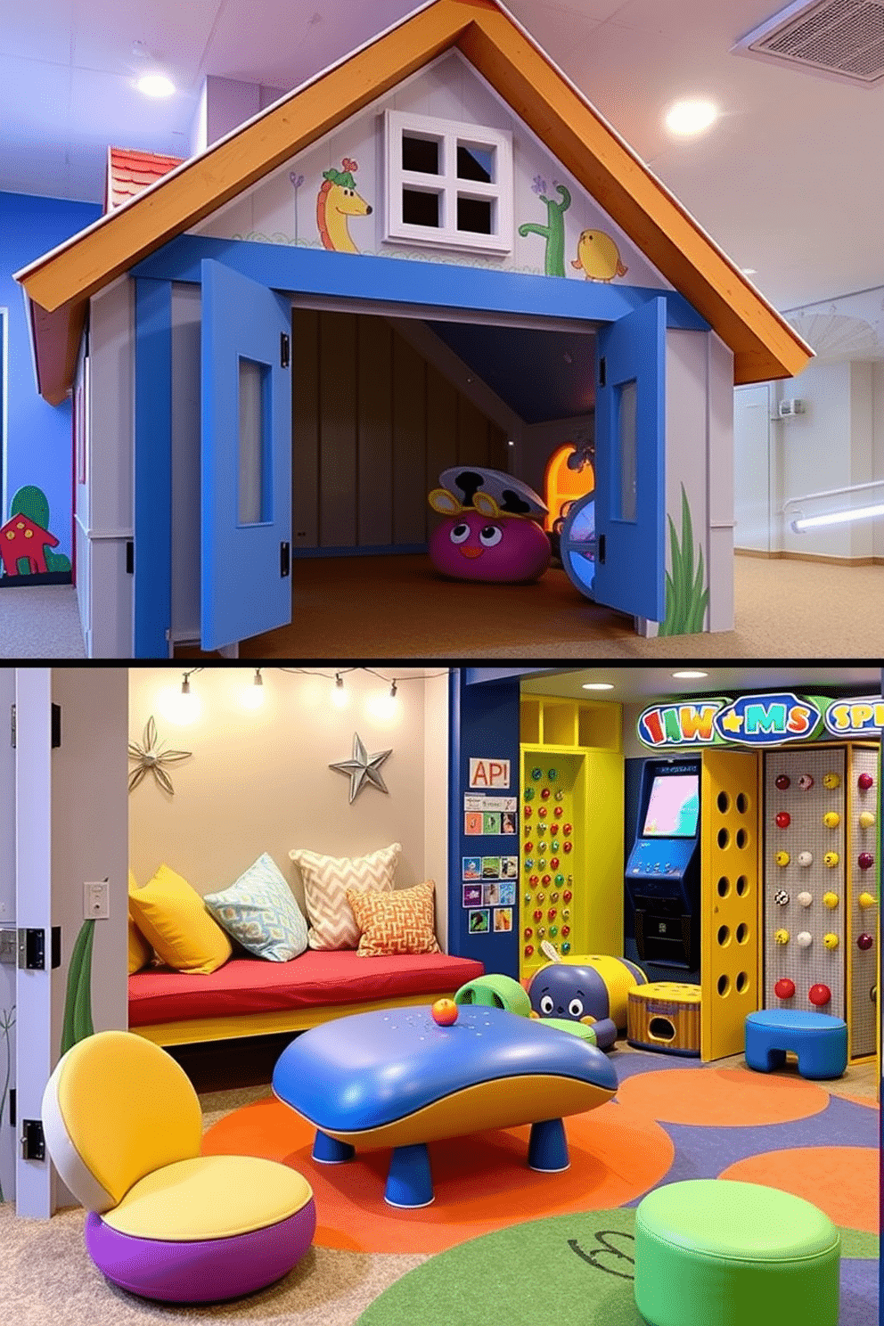 A whimsical playhouse designed for imaginative adventures. The exterior is adorned with colorful murals and a charming entrance, while the interior features cozy nooks with soft cushions and fairy lights. A vibrant game room filled with engaging activities for kids. The space includes a variety of games, a mini climbing wall, and a comfortable seating area with playful decor in bright colors.