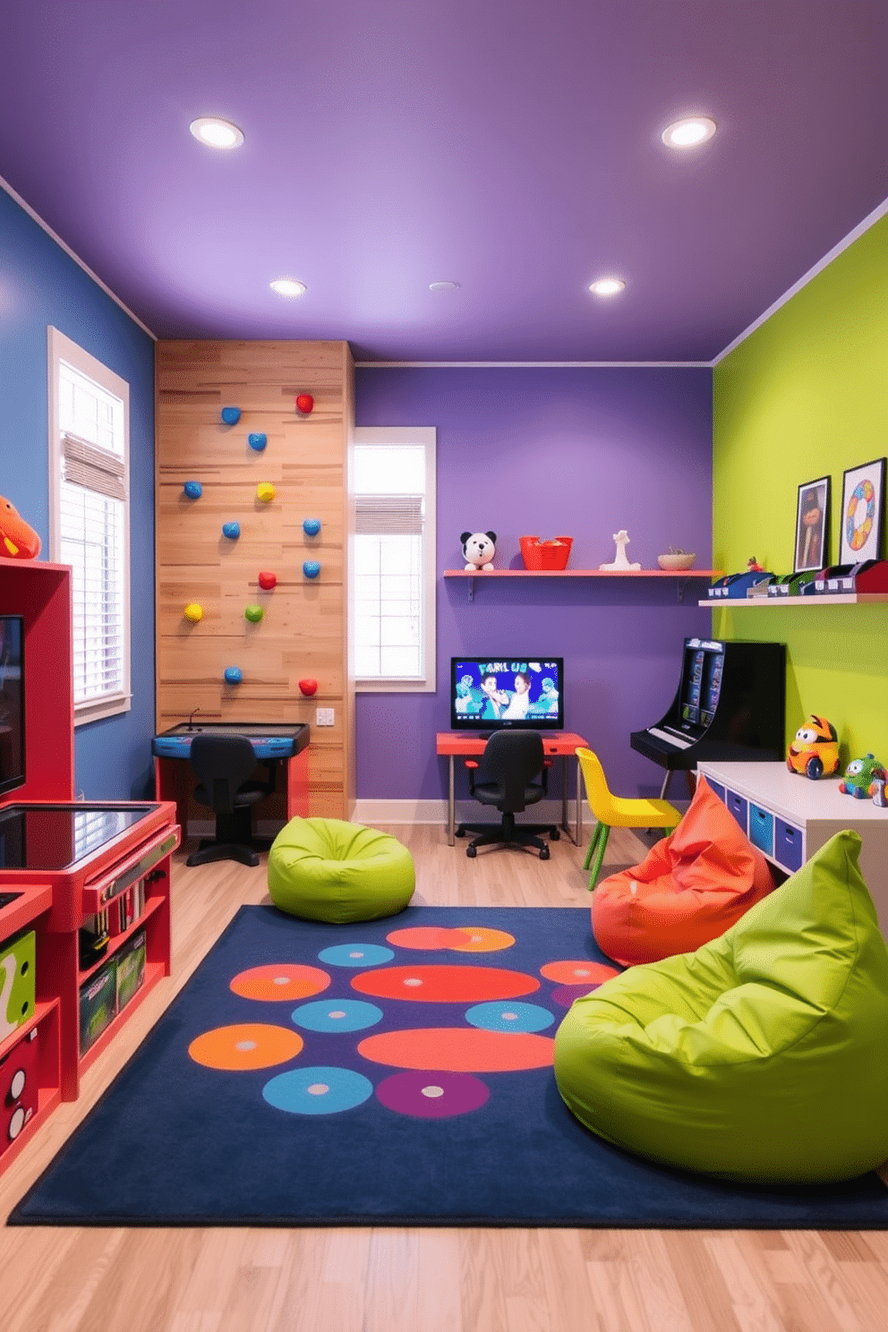 A vibrant kids' game room featuring a mini climbing wall integrated into one corner, designed with safety mats below. The walls are painted in bright, playful colors, and the space is filled with various gaming stations, including a cozy reading nook with bean bags and a colorful rug.