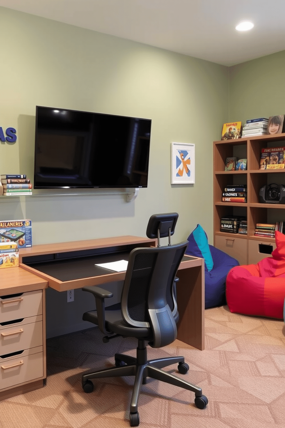 Designated homework zone with study desk. The area features a sleek, modern desk with ample storage, complemented by a comfortable ergonomic chair. Kids Game Room Design Ideas. The room is vibrant and playful, filled with colorful bean bags, a large wall-mounted TV, and shelves stocked with board games and toys.