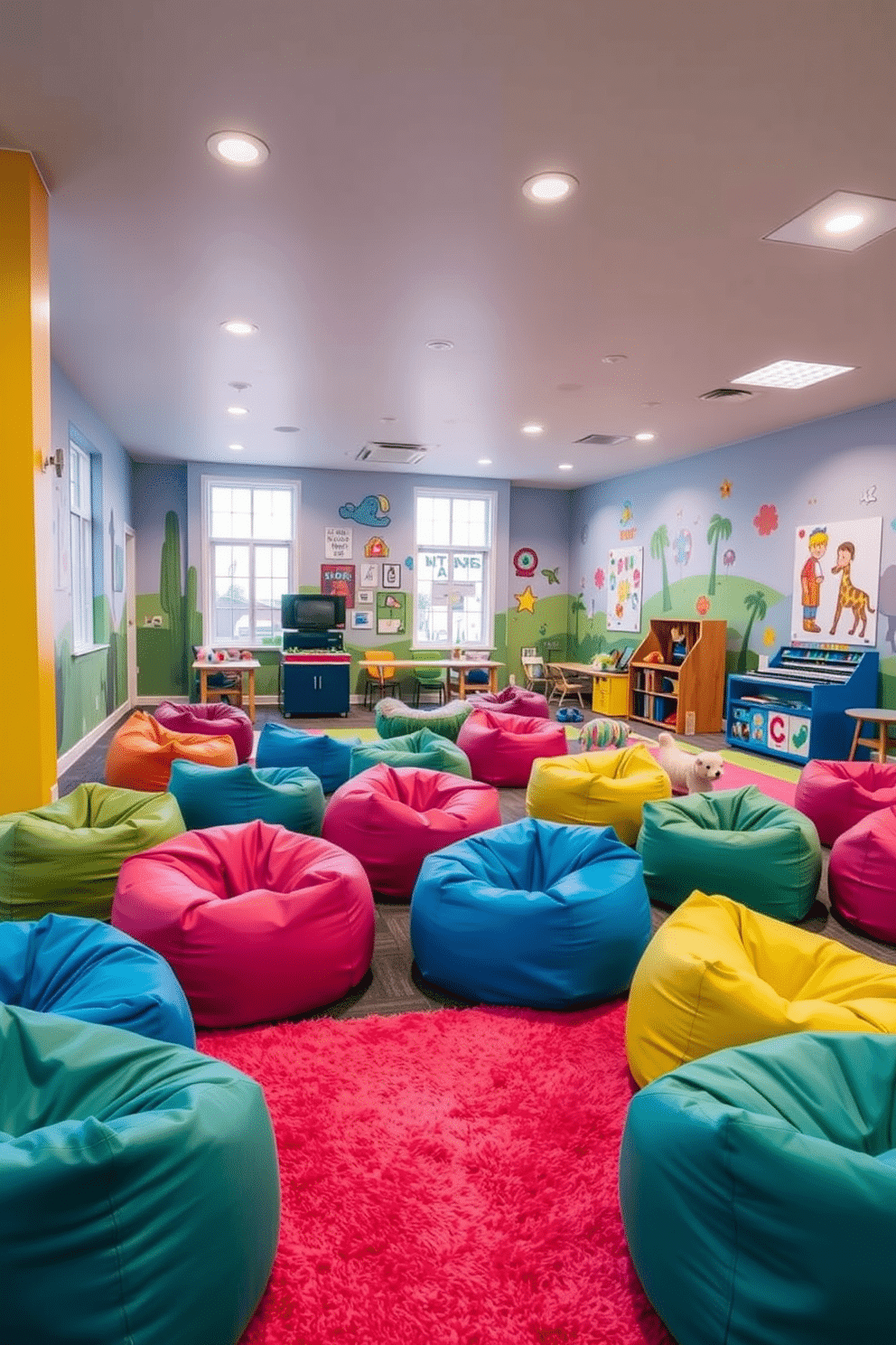 A vibrant kids' game room filled with colorful bean bag chairs scattered throughout the space, inviting play and relaxation. The walls are adorned with playful murals, and a soft, plush rug in bright colors anchors the seating area, creating a cozy atmosphere for fun and creativity.