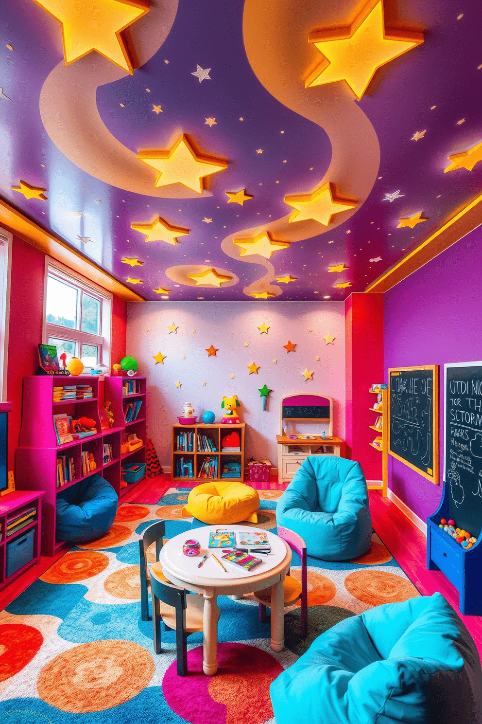 A vibrant kids' game room featuring playful ceiling designs adorned with twinkling stars that create a whimsical atmosphere. The walls are painted in bright colors, and the floor is covered with a soft, colorful rug, inviting children to play and explore. The room includes a variety of engaging play areas, such as a cozy reading nook with bean bags and shelves filled with books. Interactive wall decals and a chalkboard surface encourage creativity, while a small table for arts and crafts adds to the fun.