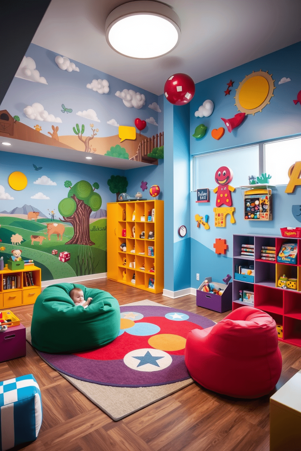 A vibrant kids' game room filled with interactive wall art that sparks creativity and engagement. The walls are adorned with colorful murals depicting playful scenes, while modular art pieces can be rearranged for a dynamic experience. The room features a cozy seating area with bean bags and a playful rug, inviting children to relax and play. Brightly colored storage units are organized around the space, filled with games and toys to encourage imaginative play.