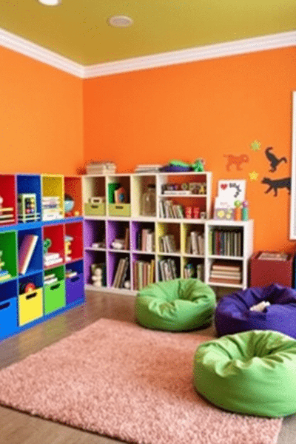 A vibrant and playful kids' game room featuring colorful storage cubbies filled with toys and games. The walls are painted in bright, cheerful colors, and a soft, textured rug covers the floor for comfort during playtime. In one corner, a cozy reading nook is created with bean bags and a small bookshelf filled with children's books. Fun wall decals of animals and stars add a whimsical touch to the overall design, making it an inviting space for creativity and fun.