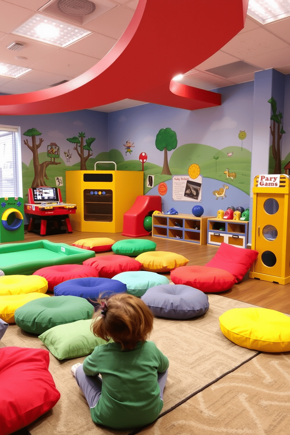 A vibrant kids' game room featuring interactive play zones filled with colorful floor cushions in various shapes and sizes. The walls are adorned with playful murals, and a soft, durable rug anchors the space, inviting children to sit and play comfortably.