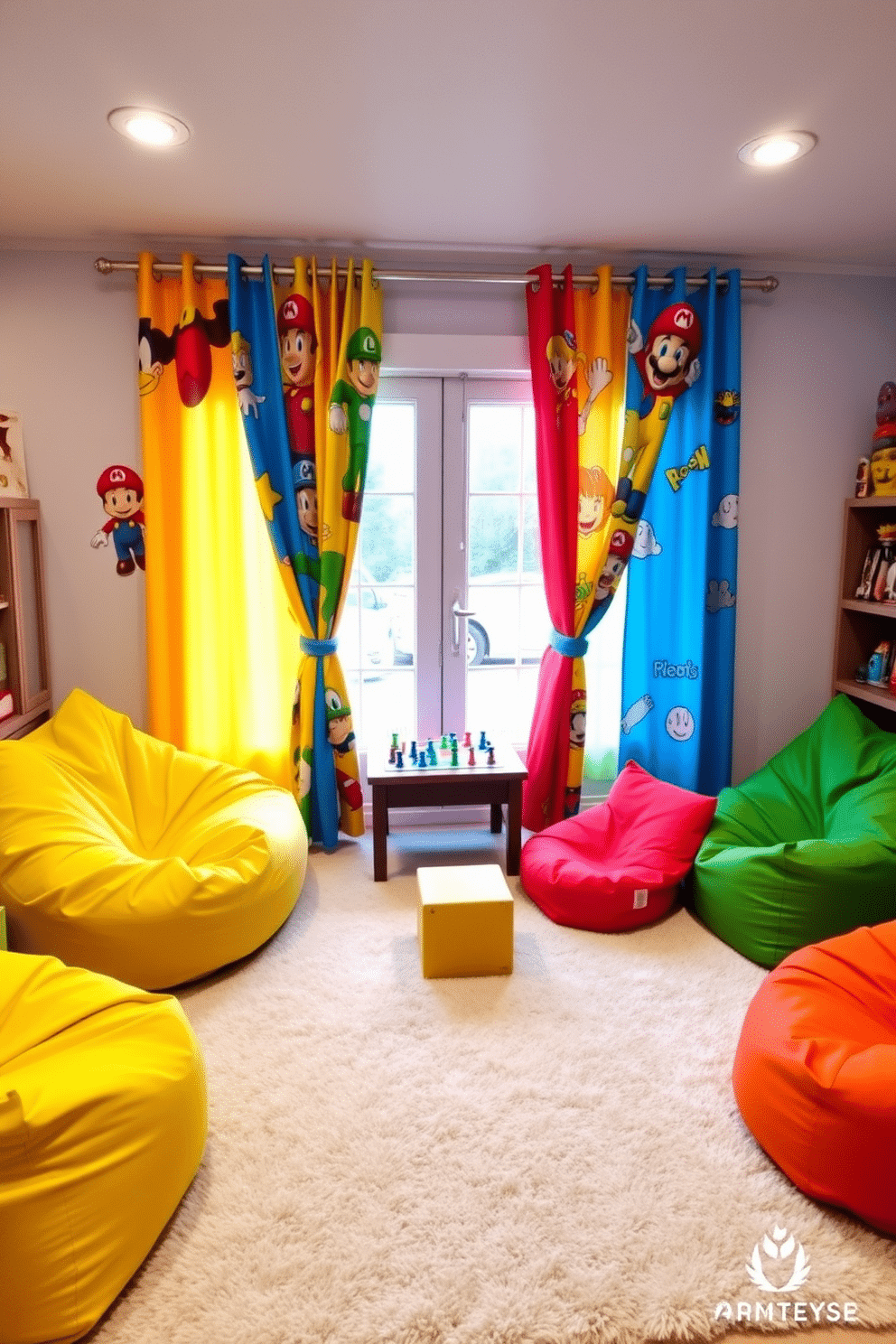 A vibrant kids' game room filled with playful energy. Themed curtains featuring colorful cartoon characters frame the windows, adding a fun touch to the space. A large, soft rug in the center provides a comfortable area for play. Brightly colored bean bags and a low table create an inviting atmosphere for games and activities.