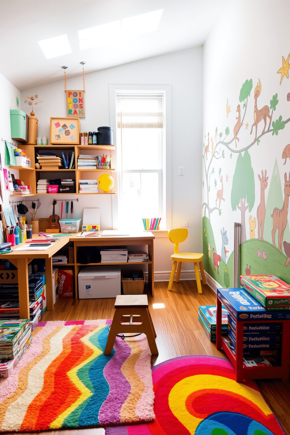 A cozy DIY craft corner filled with natural light. The space features a large wooden table covered in colorful art supplies, with shelves above stocked with paints, papers, and tools. A vibrant kids game room designed for fun and creativity. The room includes a soft, colorful rug, a variety of board games stacked on a low shelf, and a playful wall mural depicting scenes from popular children's stories.