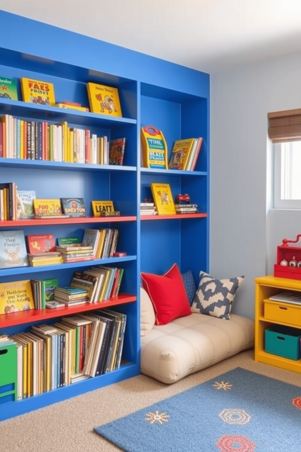 A vibrant kids' game room features floor-to-ceiling bookshelves filled with colorful books and toys, making them easily accessible for playtime. The shelves are painted in bright primary colors, and a cozy reading nook with oversized cushions is nestled in one corner, inviting children to explore their imagination.