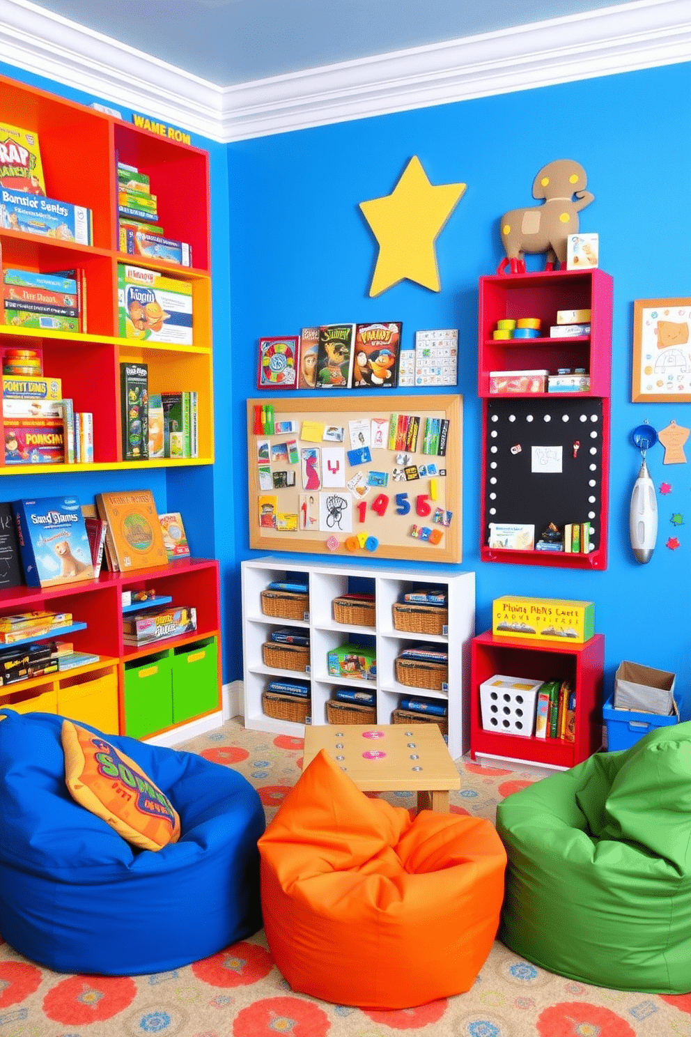 A vibrant and playful game wall designed for a kids' game room, featuring colorful shelving units filled with board games, puzzles, and toys. The wall is adorned with fun, interactive elements like a chalkboard and pegboard for hanging game pieces, all set against a cheerful backdrop of bright blue paint. The room includes a cozy seating area with bean bags and a small table for game play, surrounded by whimsical artwork and playful decor. Soft, durable carpeting in a lively pattern provides a comfortable space for kids to sit and enjoy their games.