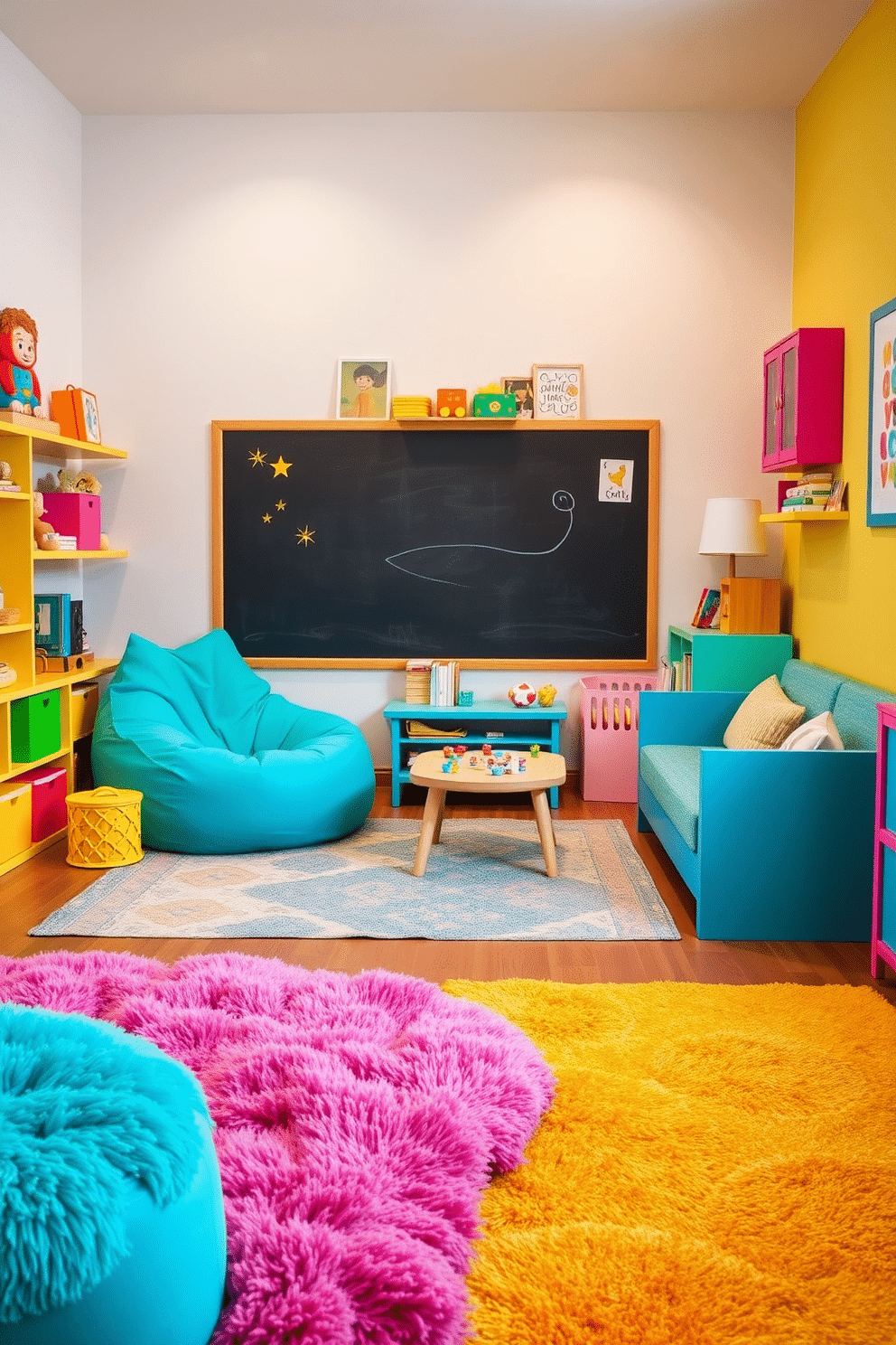 Brightly colored furniture fills the space, featuring a mix of vibrant hues like turquoise, yellow, and pink. The room is designed with playful elements, including a large bean bag chair, a chalkboard wall for creativity, and a low table for games and activities. Soft, plush rugs in bold patterns cover the floor, providing a cozy area for children to sit and play. Wall-mounted shelves display an array of toys and books, while whimsical artwork adds to the fun atmosphere.