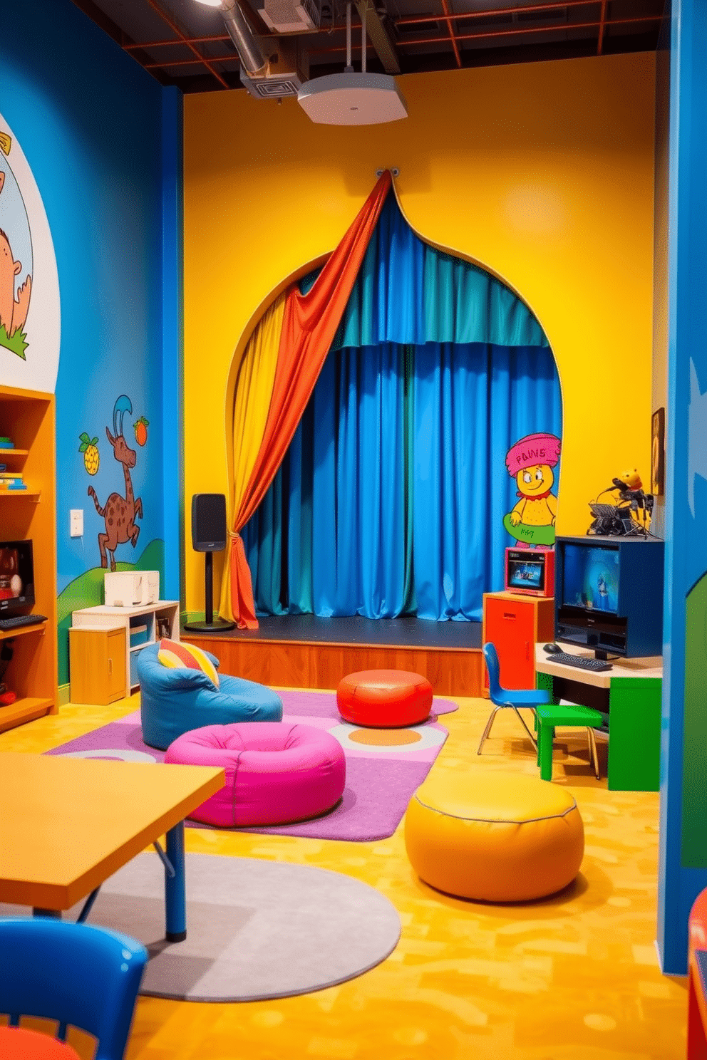 A vibrant kids' game room designed for creativity and fun. The room features a small stage with colorful curtains, perfect for performances, surrounded by plush seating and bean bags. Brightly colored walls adorned with playful murals create an inviting atmosphere. A variety of interactive play zones, including a gaming console area and a crafting table, encourage imaginative play.