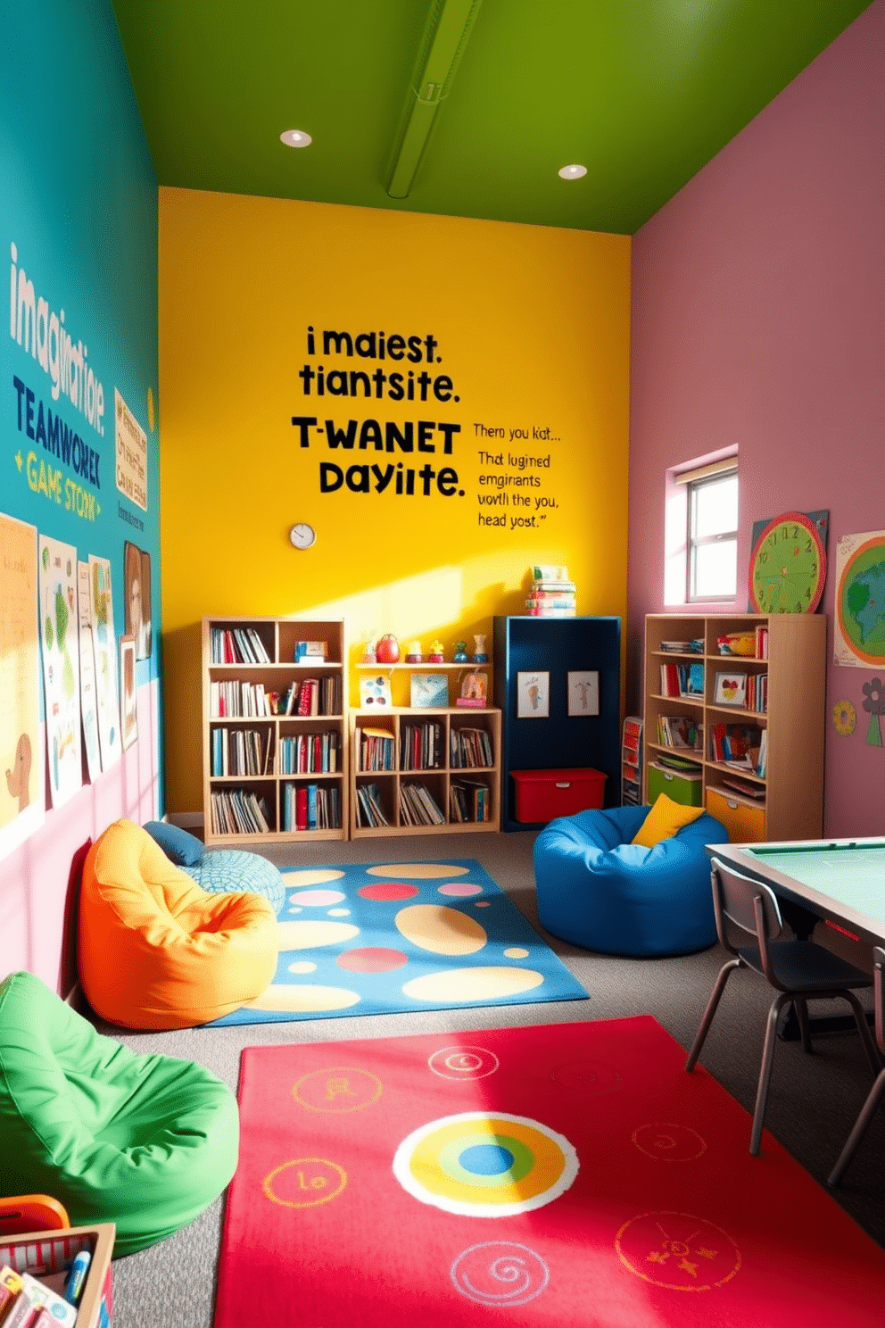 A vibrant kids' game room filled with energy and creativity. The walls are painted in bright colors, featuring inspiring quotes about imagination and teamwork in playful fonts. In one corner, a cozy reading nook with bean bags and shelves filled with books encourages relaxation. The space includes a variety of game stations with colorful rugs and interactive wall art that sparks joy and motivation.