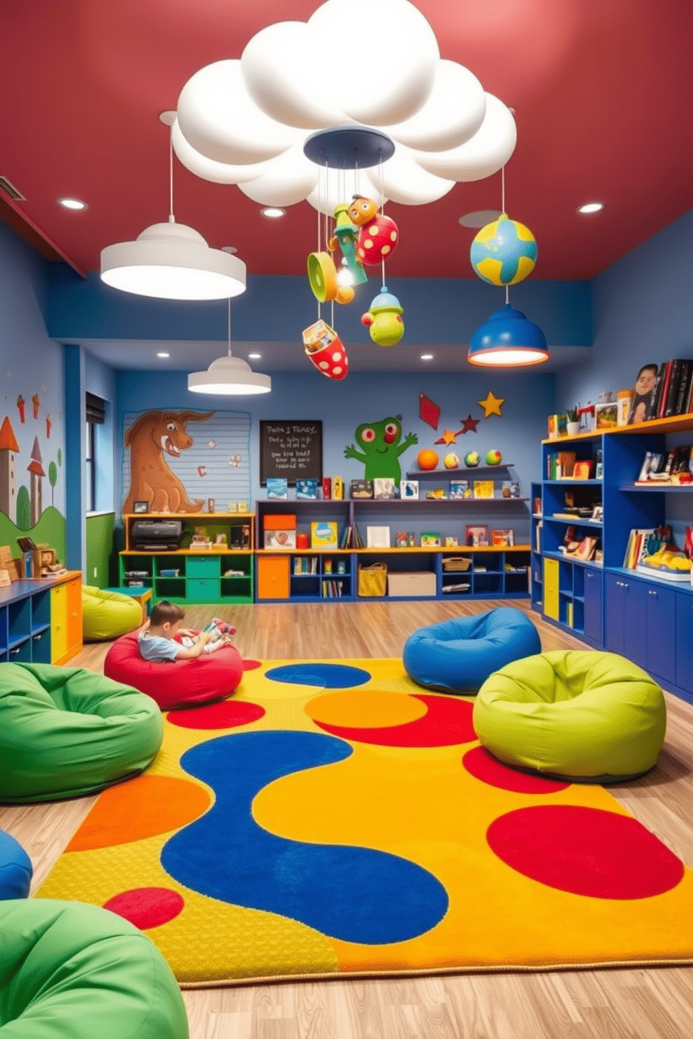 A vibrant kids' game room filled with energy and creativity. The space features a colorful rug with playful patterns, surrounded by bean bags and low seating for comfort. Unique lighting fixtures hang from the ceiling, including a whimsical chandelier shaped like a cloud and pendant lights resembling oversized toys. The walls are adorned with bright murals, and shelves display games and books, creating an inviting atmosphere for play and imagination.