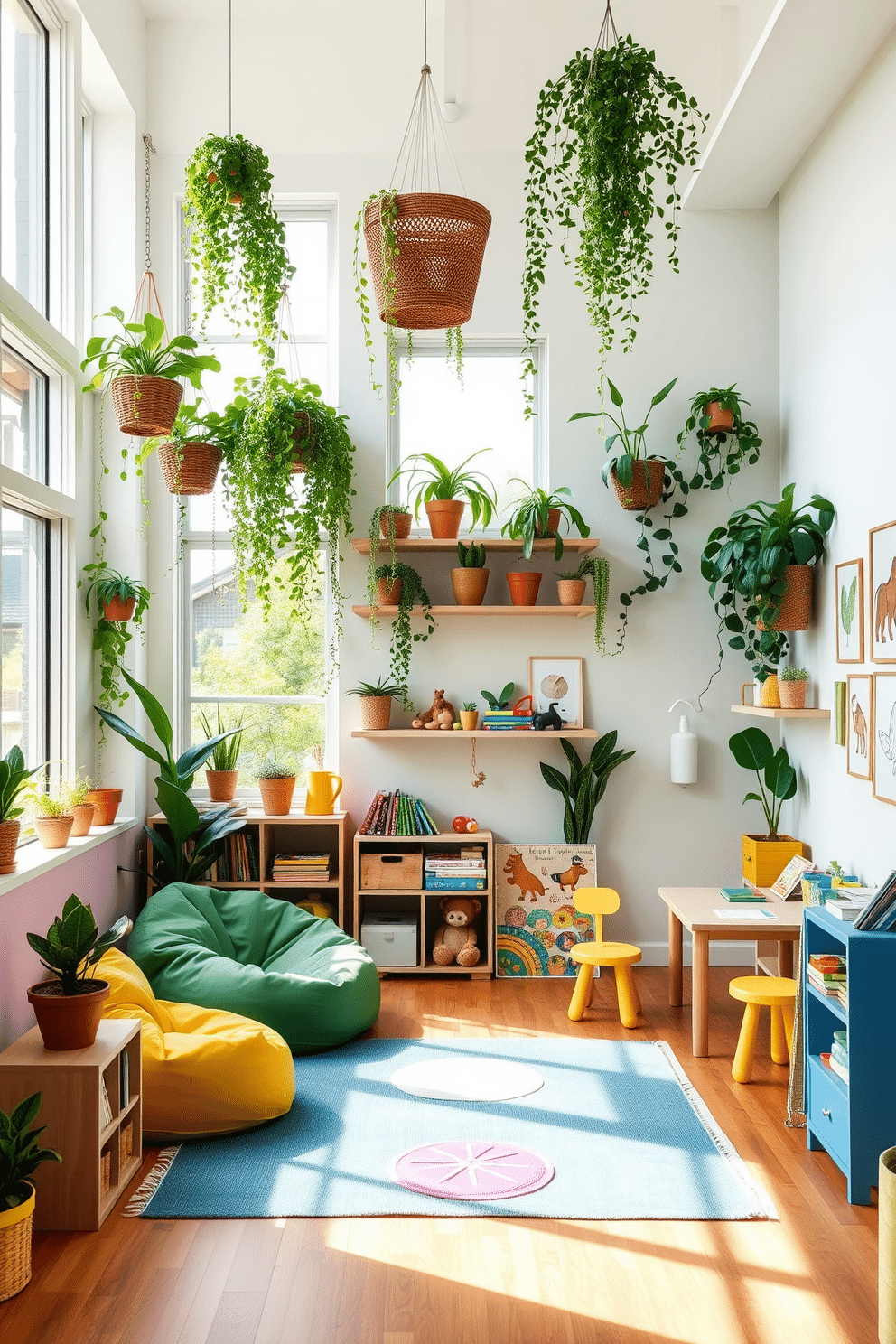 A vibrant kids' game room filled with playful decor and nature-inspired elements. The walls are painted in soft pastel colors, while large windows allow natural light to flood the space, showcasing an array of potted plants and hanging greenery. Brightly colored rugs define separate play zones, featuring a cozy reading nook with bean bags and a fun activity area with a small table for arts and crafts. Wall-mounted shelves display an assortment of toys and games, with whimsical artwork depicting animals and nature adorning the walls.