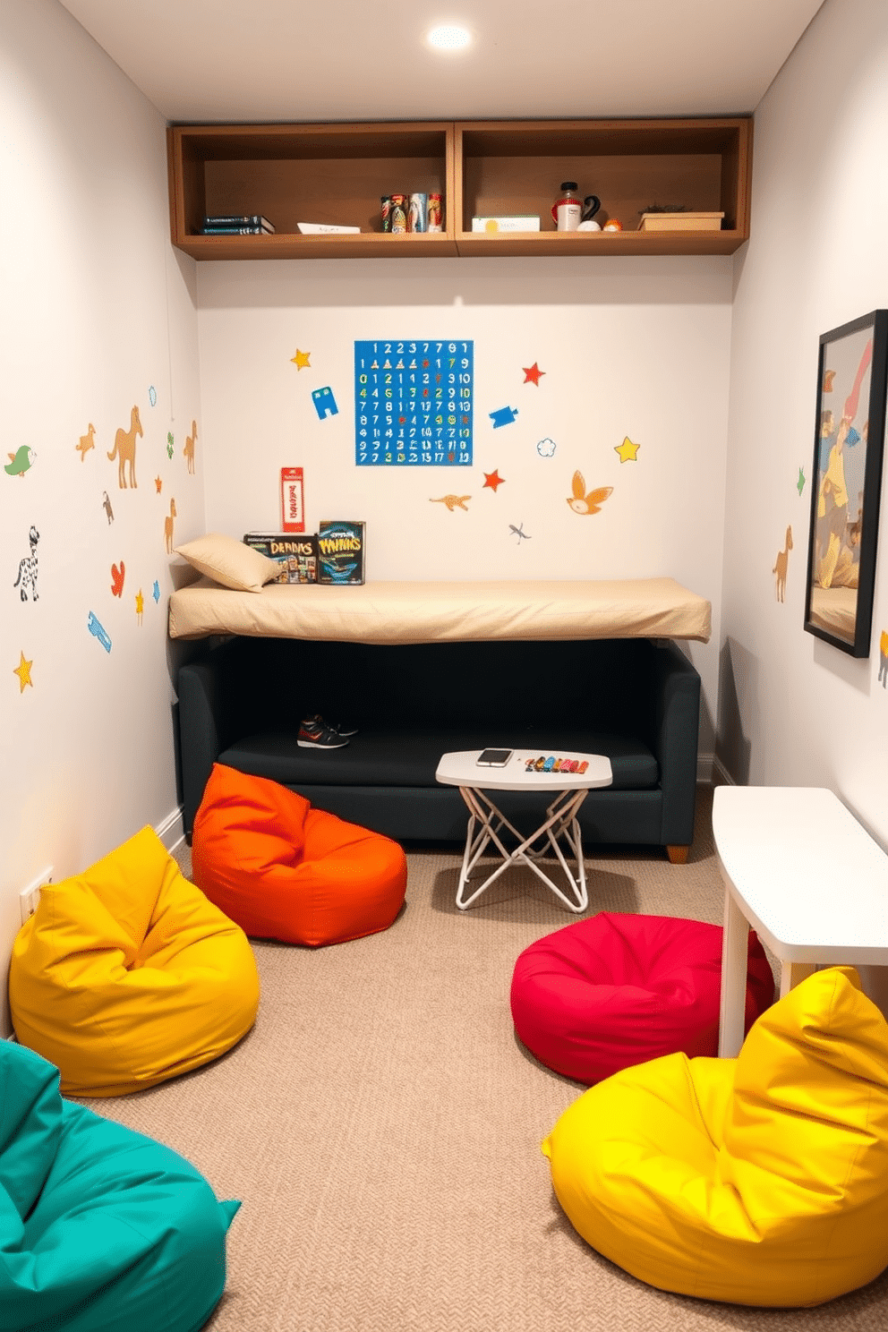 A stylish kids' game room featuring multi-functional furniture that maximizes space. The room includes a convertible sofa bed that transforms into a play area, with built-in storage for toys and games underneath. Brightly colored bean bags are scattered around, providing comfortable seating that can be easily moved. A wall-mounted foldable table serves as a craft station, while vibrant wall decals create an inviting atmosphere for play and creativity.