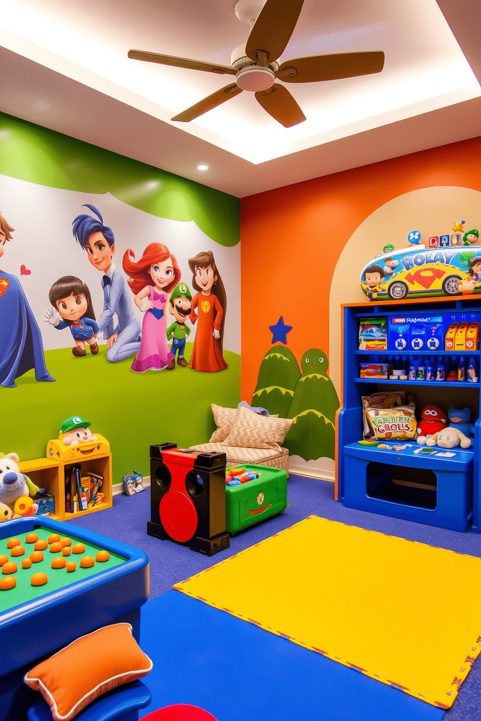 Themed decor inspired by favorite characters. The room features vibrant wall murals of beloved characters, with matching bedding and plush toys scattered throughout. Kids Game Room Design Ideas. The space includes a colorful play area with soft mats, a variety of games and toys, and a cozy reading nook filled with cushions for relaxation.