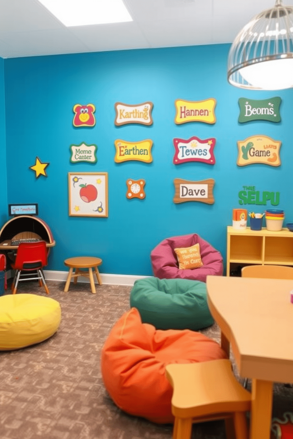 Personalized name plaques for each child. Each plaque features playful designs and vibrant colors that reflect the child's personality and interests. Kids Game Room Design Ideas. The room is filled with interactive play zones, including a cozy reading nook, a gaming station with colorful bean bags, and a creative arts and crafts corner.