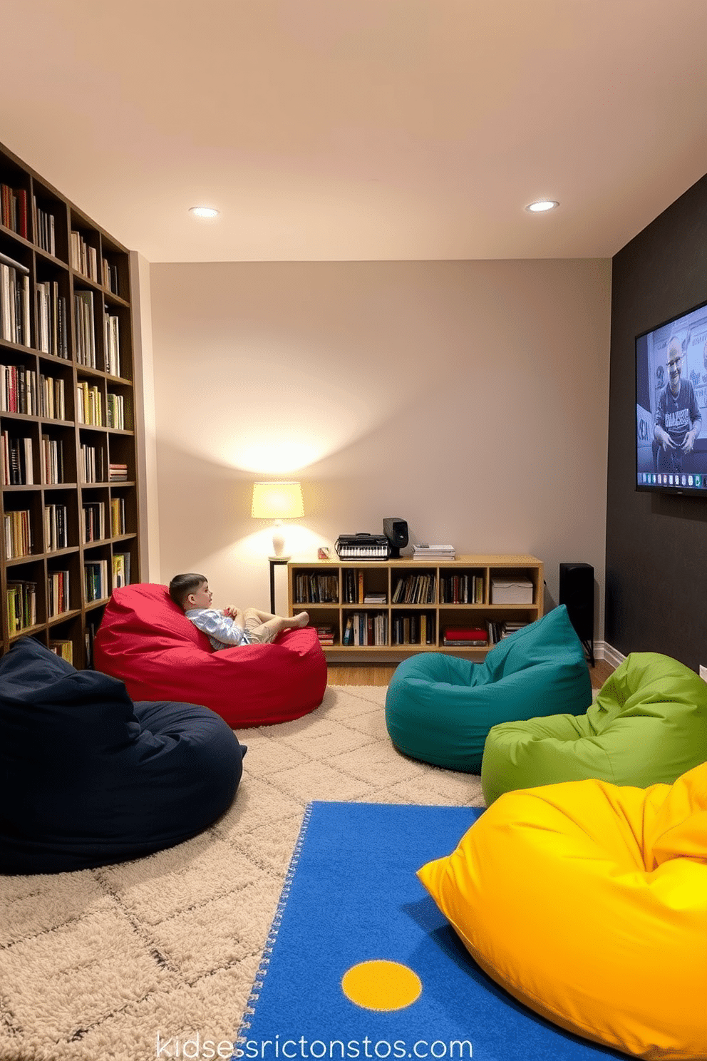 Cozy reading nook with bean bags. The nook features a plush area rug, soft lighting from a floor lamp, and shelves filled with books, creating an inviting atmosphere. Kids Game Room Design Ideas. The room includes colorful bean bags, a large play mat, and a wall-mounted screen for video games, ensuring a fun and engaging space for children.