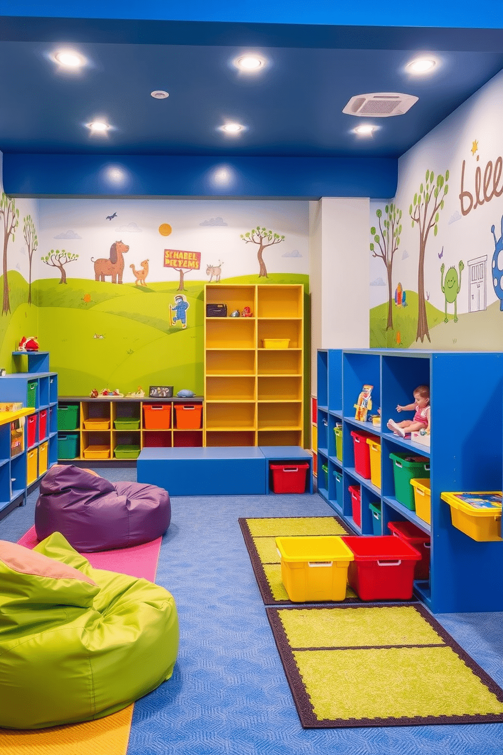 A vibrant kids' game room features modular furniture that can be easily rearranged to create different play zones. Colorful bean bags, soft floor mats, and adjustable shelving units provide a playful yet organized environment for various activities. The walls are adorned with fun, whimsical murals that inspire creativity and adventure. Brightly colored storage bins keep toys and games neatly organized, making it easy for children to transition between different play scenarios.