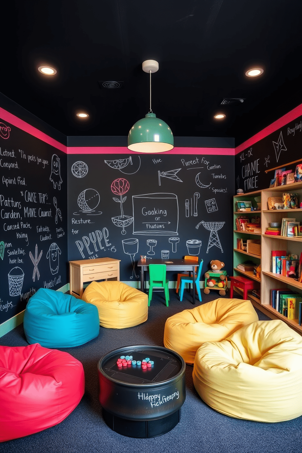 A vibrant kids' game room featuring chalkboard walls that encourage creative expression and artistic play. The space includes colorful bean bags, a low table for games, and shelves filled with toys and books, creating an inviting atmosphere for children to explore and enjoy.