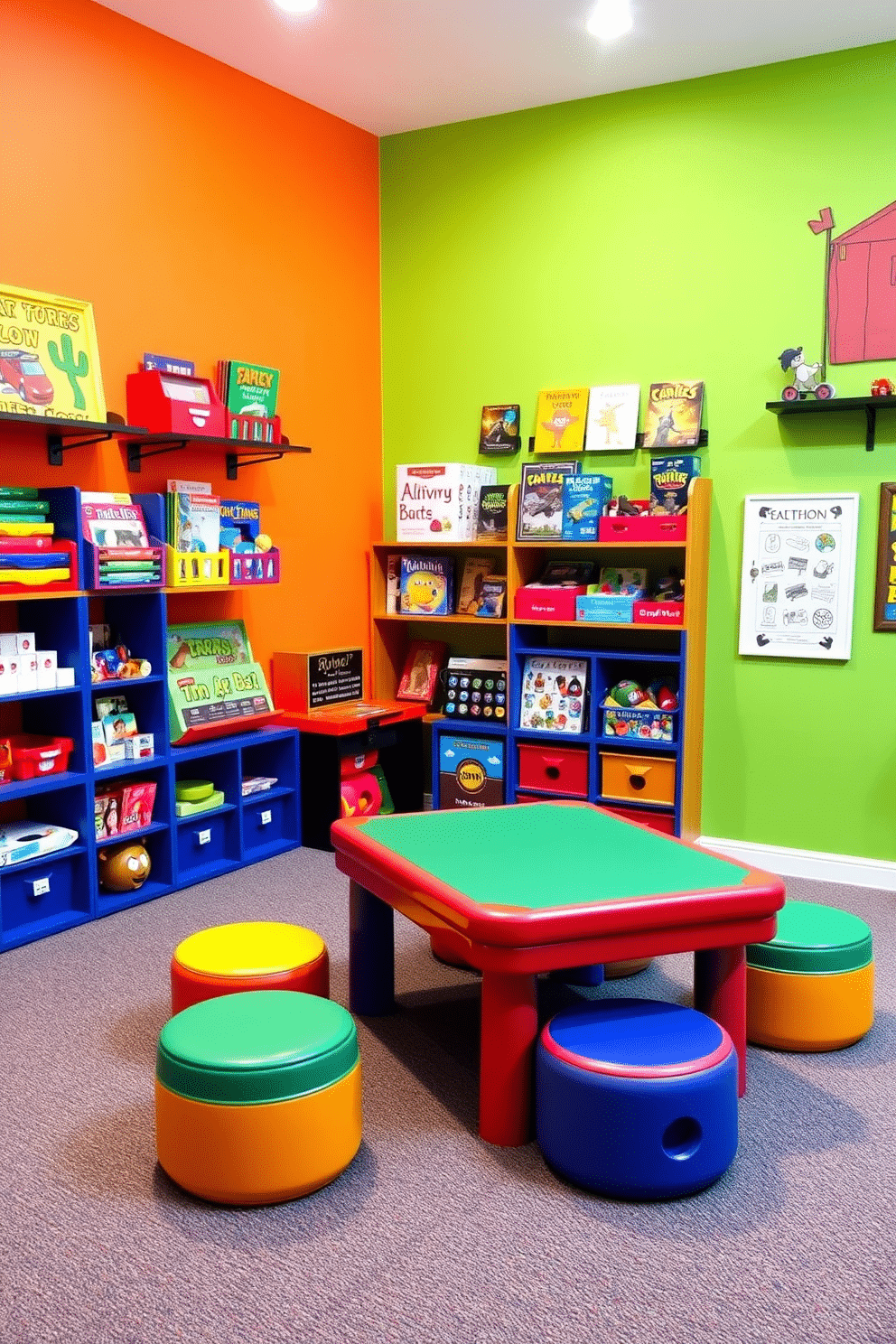 A vibrant kids' game room featuring wall-mounted storage solutions that keep toys and games organized and easily accessible. The walls are painted in bright, playful colors, and a soft, durable carpet covers the floor for comfort during playtime. A large, multi-functional play table sits in the center, surrounded by colorful seating options. Fun wall art and shelving display games and books, creating an inviting and stimulating environment for children.