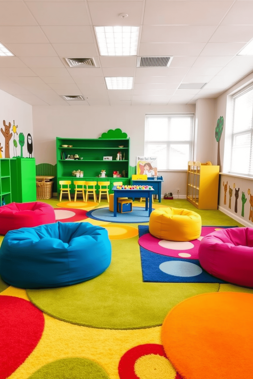 A vibrant kids' game room filled with bright, comfortable rugs to enhance playtime. The space features colorful bean bags, a large play table, and walls adorned with playful murals, creating an inviting atmosphere for creativity and fun.