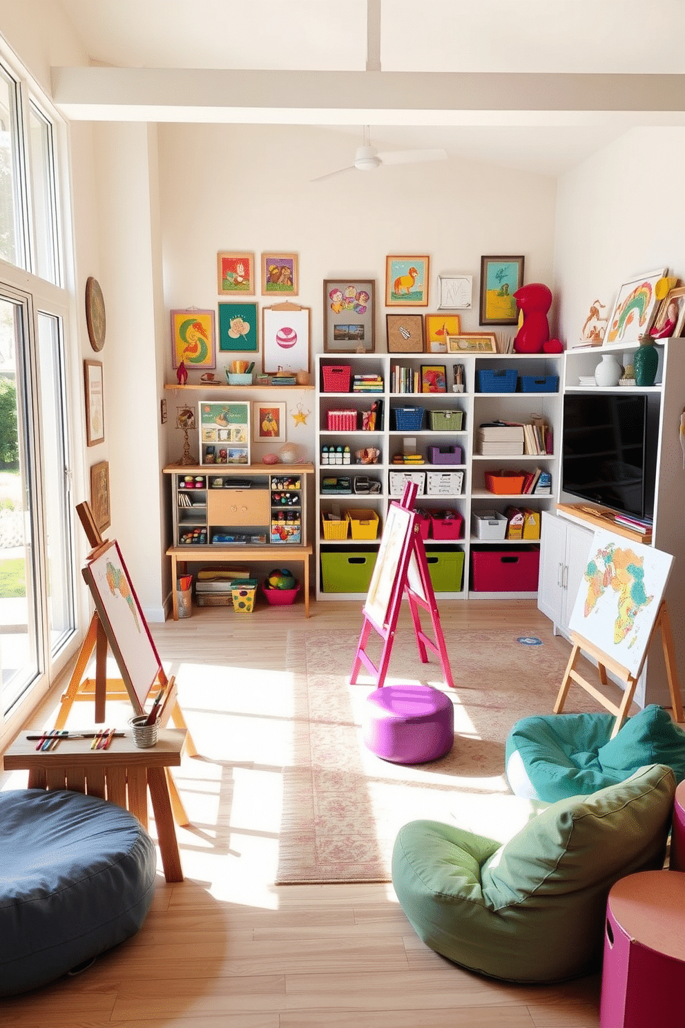 Art station with supplies and easels. The space features a large, bright window that floods the room with natural light, illuminating a sturdy wooden table covered with paints, brushes, and sketchbooks. Colorful easels stand ready for creativity, surrounded by vibrant artwork hanging on the walls. Shelves filled with art supplies and playful decor add to the inviting atmosphere. Kids Game Room Design Ideas. The room is filled with playful furniture, including bean bags and a low table for board games, all in bright, cheerful colors. A wall-mounted screen is perfect for gaming, while shelves display toys and books, creating a fun and engaging environment for children to enjoy.