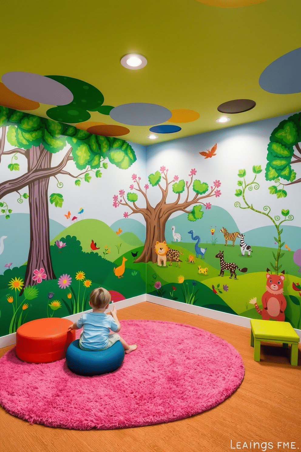 A vibrant playroom filled with colorful wall murals depicting whimsical scenes, such as a magical forest and playful animals, creating an imaginative environment for children. The space features soft, plush rugs and comfortable seating, encouraging creativity and exploration through play.