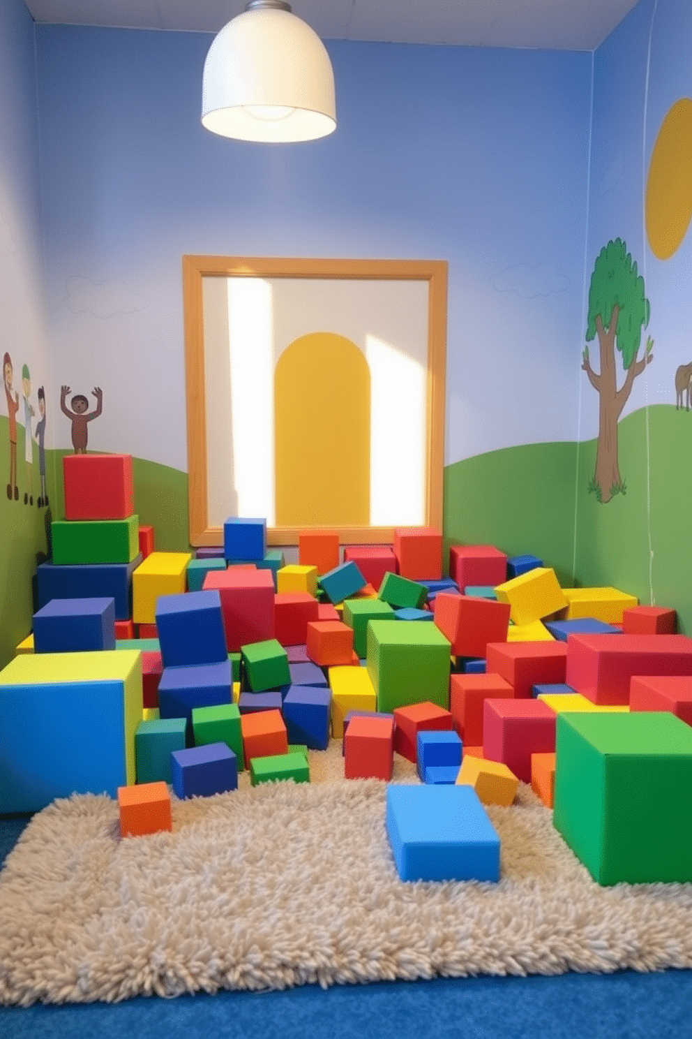 A cozy play area filled with colorful foam blocks creates a safe and inviting space for children to explore their creativity. The walls are adorned with playful murals, and a soft, plush rug provides a comfortable surface for playtime activities.