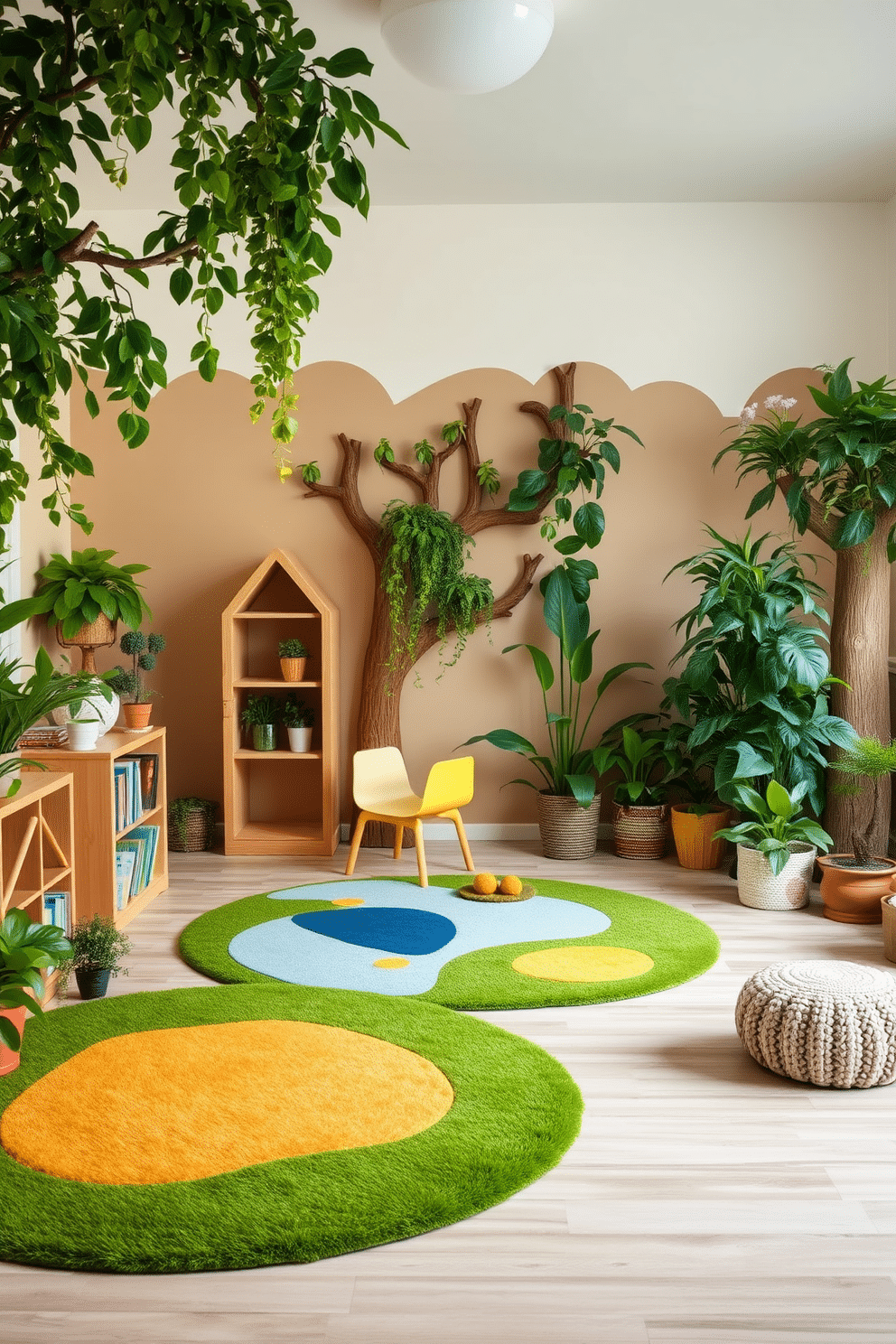 A serene playroom filled with nature-inspired decor. Lush green plants in various sizes are strategically placed around the room, creating a vibrant, inviting atmosphere. The walls are painted in soft earth tones, complemented by playful tree-shaped bookshelves. Colorful rugs resembling grassy meadows provide a soft area for kids to play and explore.