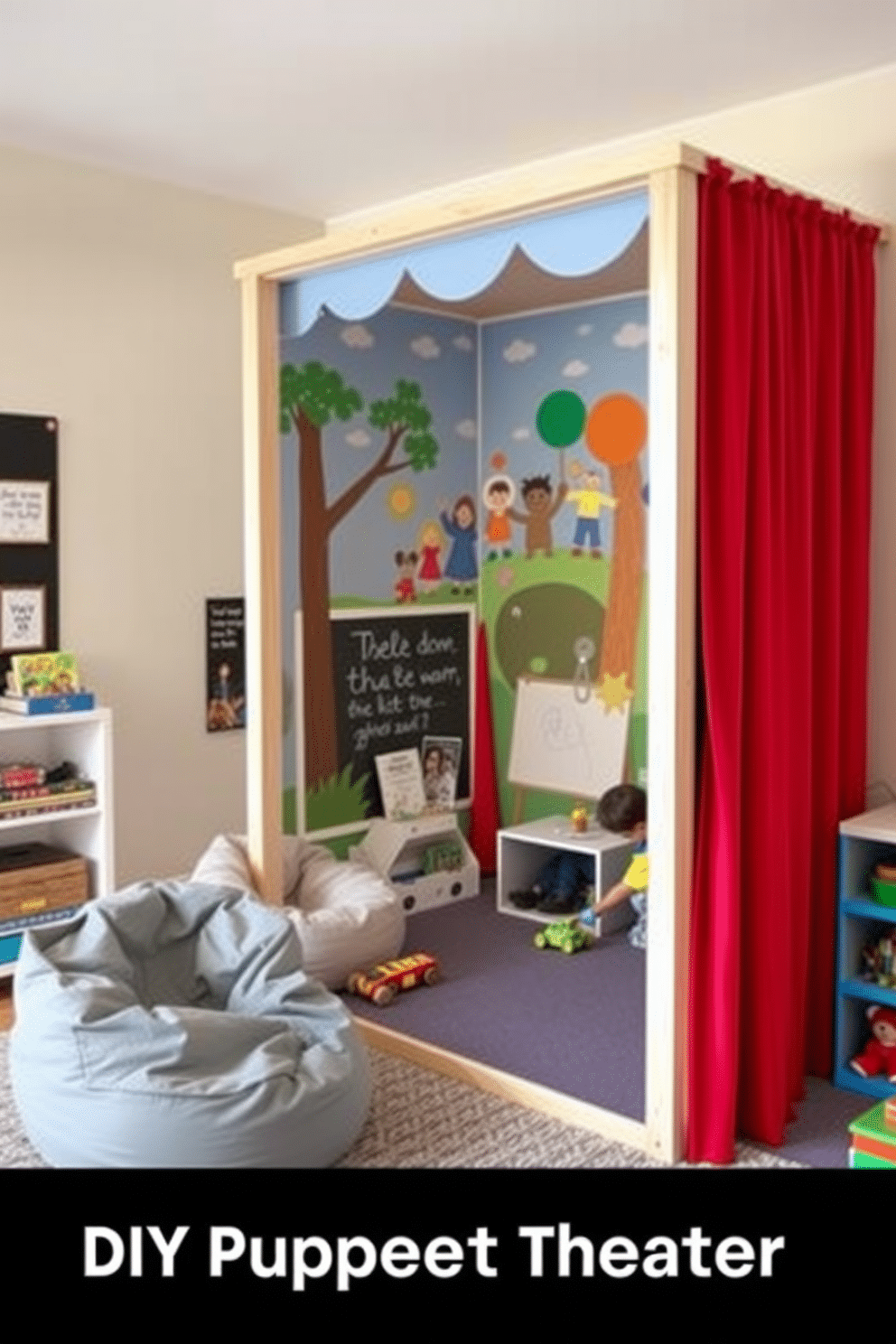 A charming DIY puppet theater designed for storytelling fun. The theater features a vibrant red curtain and a whimsical backdrop painted with colorful characters, inviting children to unleash their creativity. A playful kids playroom designed to inspire imagination and learning. The room includes a cozy reading nook with bean bags, a chalkboard wall for drawing, and bright, interactive toys scattered throughout.