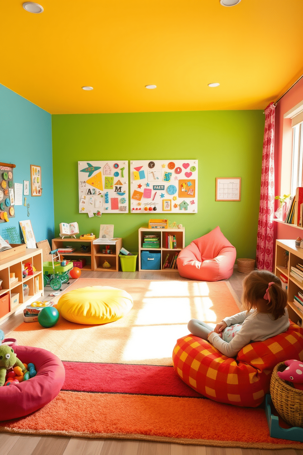 A vibrant kids playroom designed for creativity and exploration. The walls are painted in bright, cheerful colors, featuring a magnetic wall where children can display their artwork and engage in interactive play. The room includes a soft, colorful rug for comfort, surrounded by various play zones filled with toys, books, and art supplies. A cozy reading nook with bean bags and shelves encourages a love for reading and imaginative play.