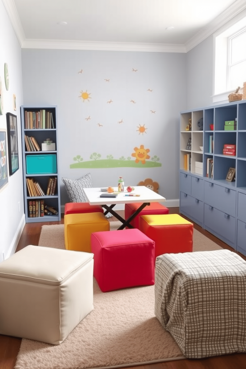 A stylish kids playroom featuring multi-functional furniture that transforms easily to accommodate various activities. Brightly colored storage ottomans double as seating and toy storage, while a foldable table allows for arts and crafts or playtime. The walls are adorned with playful decals, and a soft, durable rug provides a comfortable play area. Shelving units hold books and games, ensuring everything has its place while keeping the room organized and inviting.