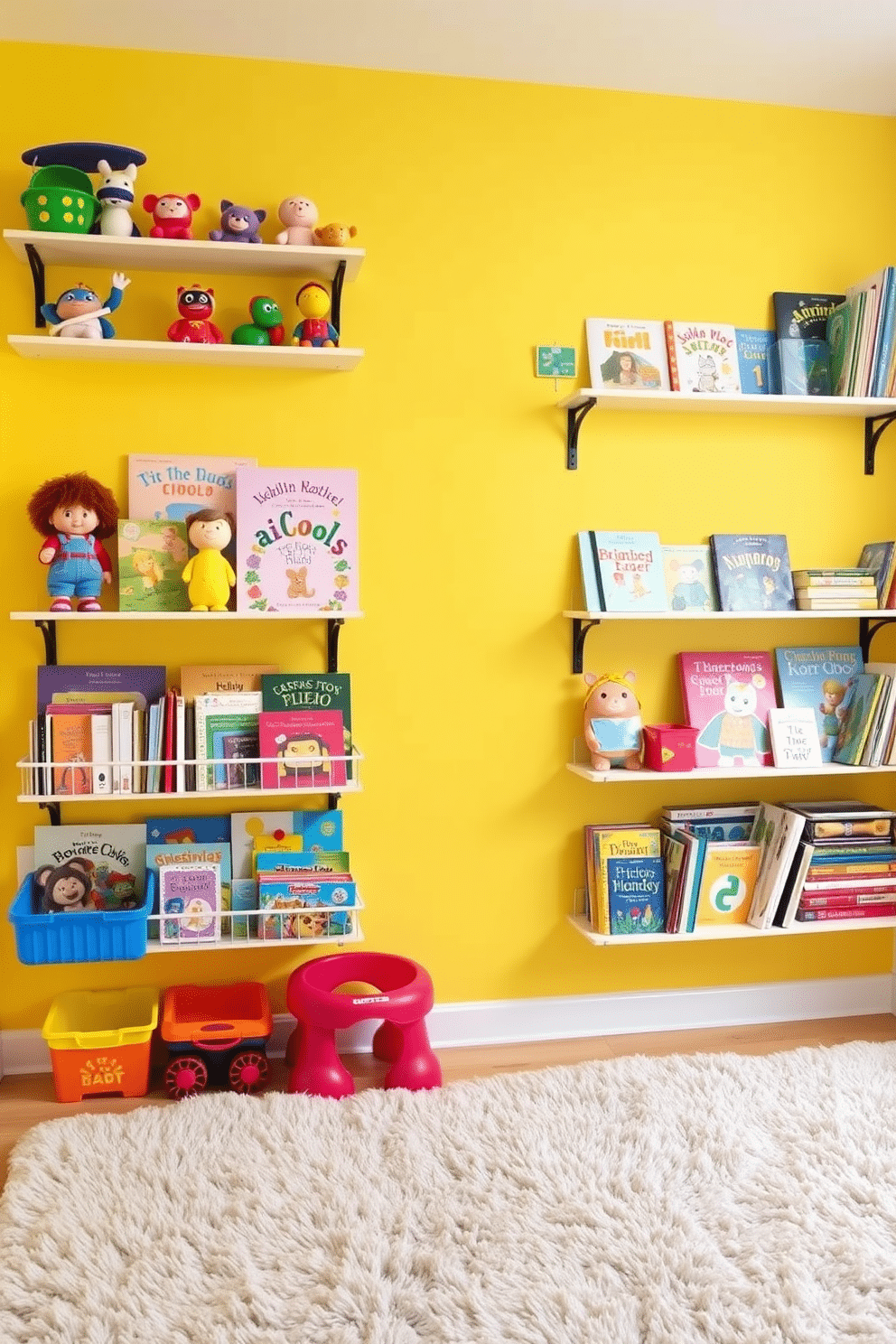 A vibrant kids' playroom featuring wall-mounted shelves filled with colorful toys and books for easy access. The walls are painted in a cheerful yellow, and a soft, plush rug covers the floor, providing a cozy space for play.