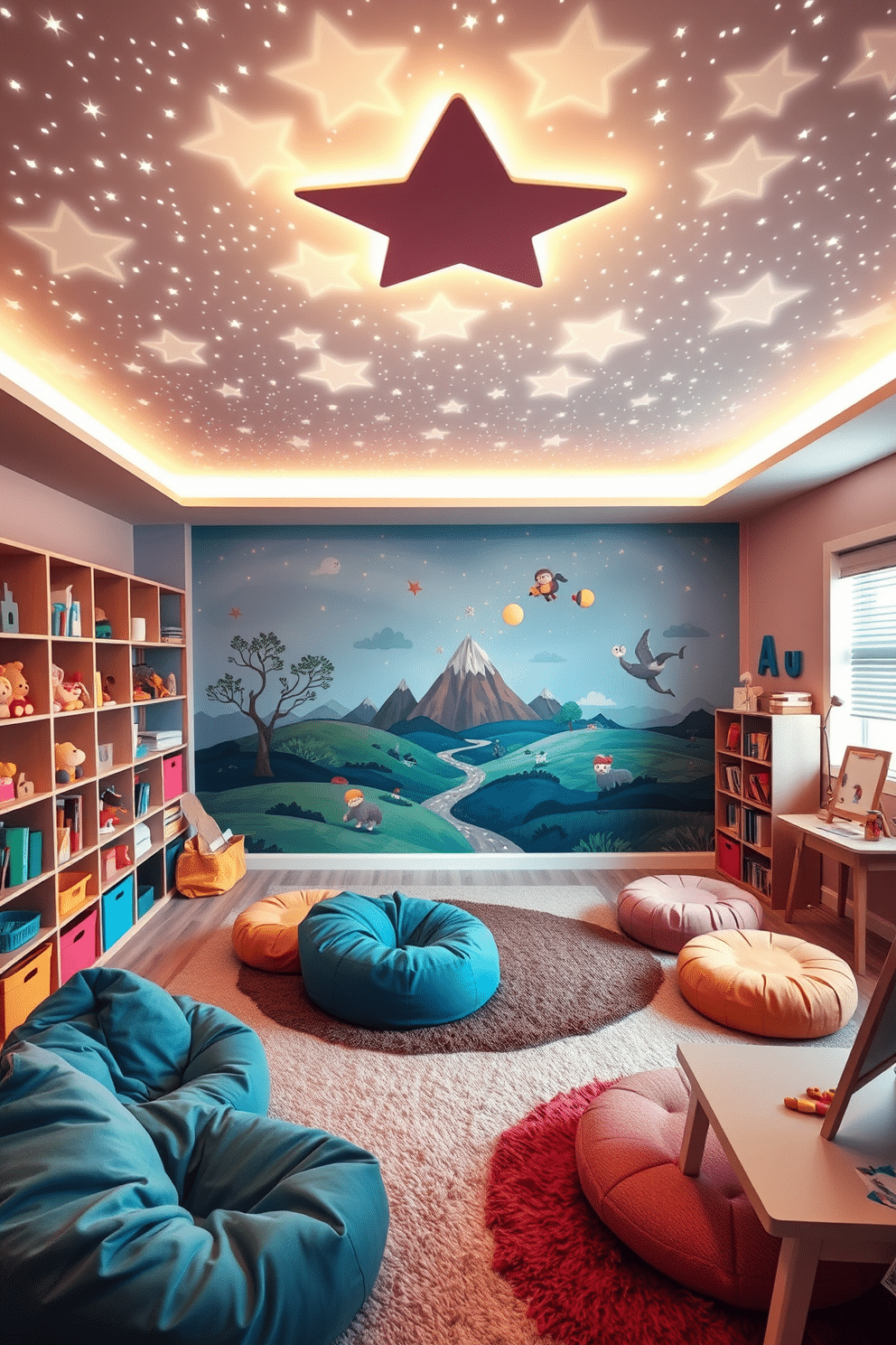 A whimsical kids' playroom featuring a light-up star ceiling that creates a magical atmosphere for dreamy nights. The walls are painted in soft pastel colors, and colorful bean bags and plush rugs are scattered across the floor for a cozy play area. A large, interactive wall mural showcases a vibrant landscape, encouraging creativity and imagination. Shelving units filled with toys and books provide ample storage, while a small art corner with a table and easel invites artistic expression.