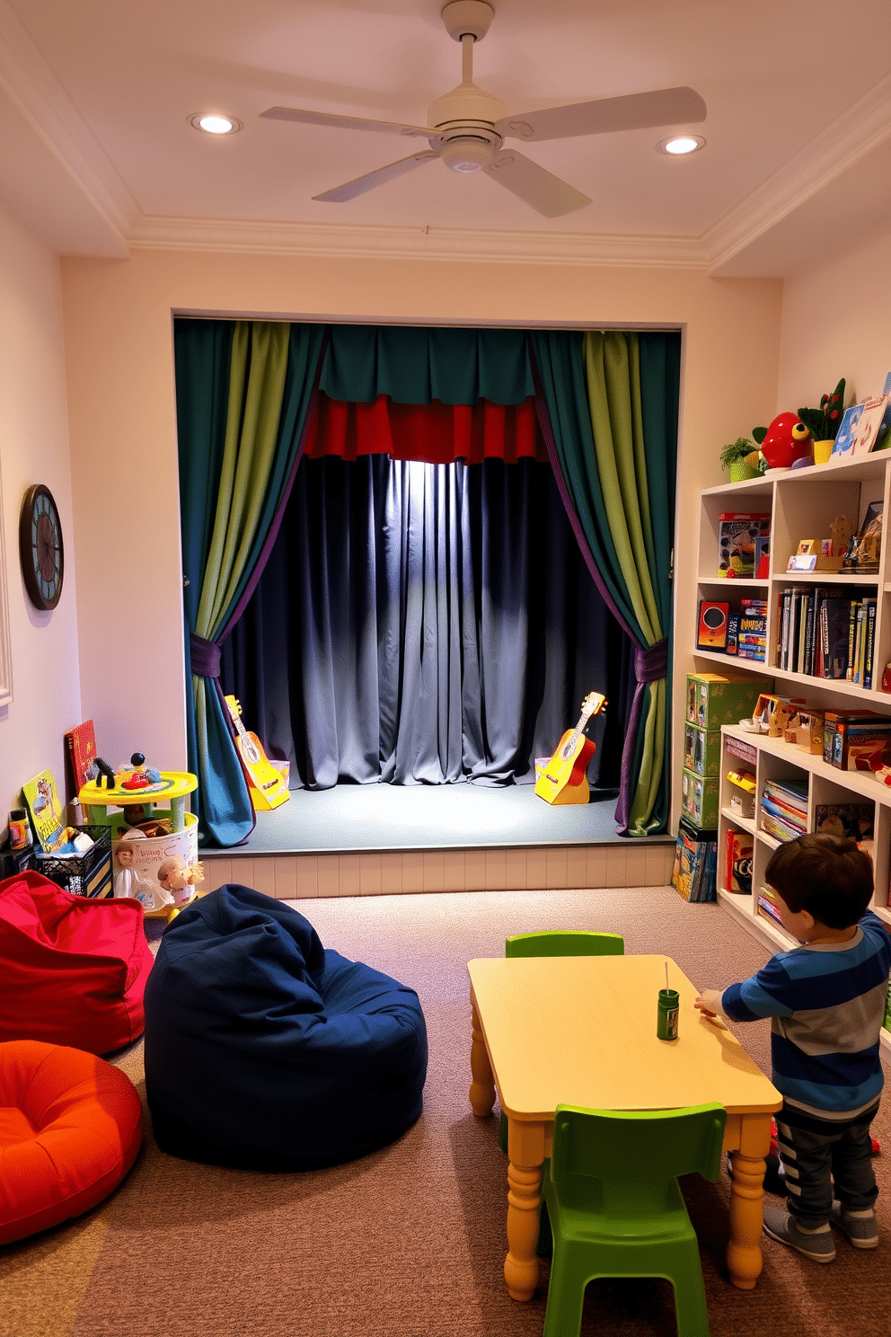 A cozy kids playroom featuring a small stage for performances and play. The stage is adorned with colorful curtains and soft lighting, creating an inviting atmosphere for creativity and imagination. The playroom is filled with bright, engaging colors and playful furniture, including bean bags and a low table for arts and crafts. Shelves lined with toys, books, and games provide ample storage while encouraging exploration and play.