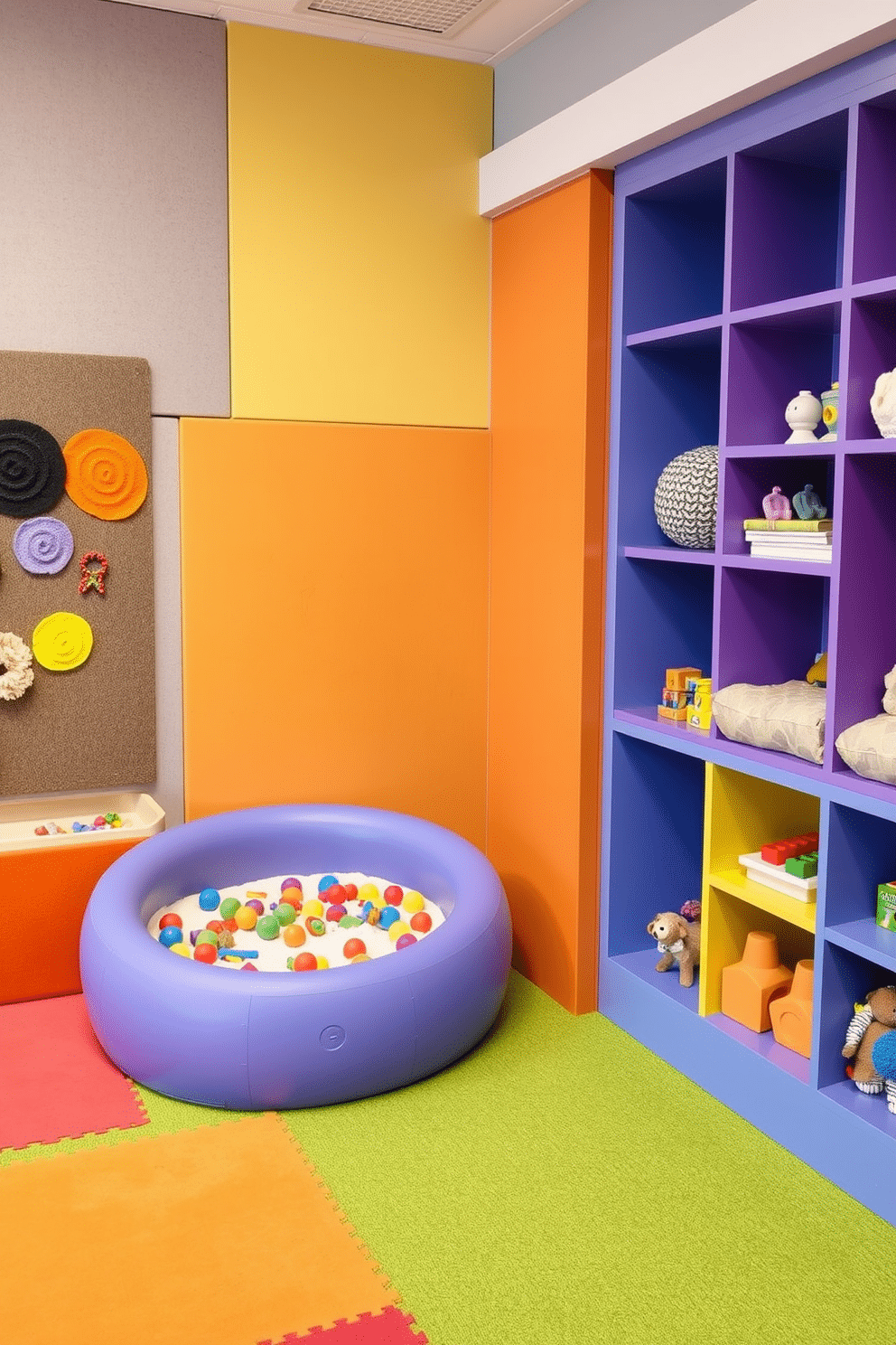 A vibrant sensory play area designed for children, featuring a variety of textures and interactive elements. Soft foam mats in bright colors cover the floor, while wall panels incorporate different materials like felt, rubber, and wood for tactile exploration. In one corner, a sensory bin filled with sand and colorful toys invites hands-on play, while a cozy reading nook with plush cushions encourages quiet time. Brightly colored shelves display a range of toys, including textured balls, squishy figures, and building blocks, ensuring endless opportunities for imaginative play.