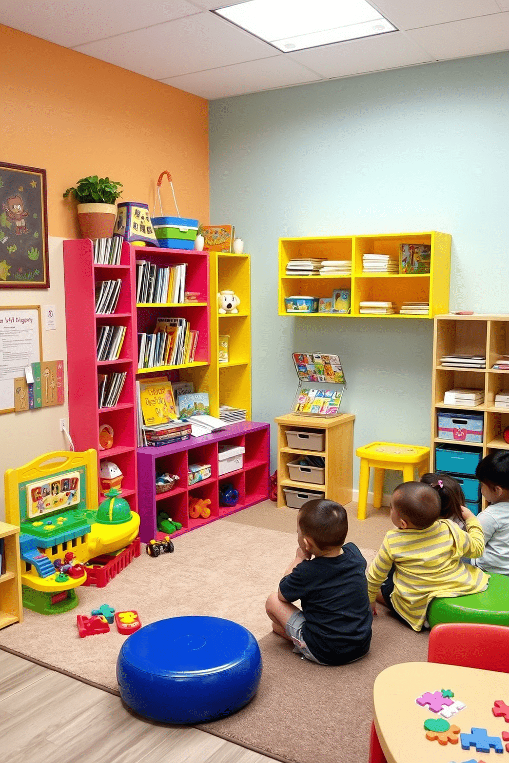 A vibrant interactive learning corner filled with colorful educational toys invites creativity and exploration. Brightly colored shelving units display books and puzzles, while a soft rug provides a cozy space for children to sit and play. In the playroom, walls are painted in cheerful pastel colors to create an uplifting atmosphere. A variety of learning stations are set up, featuring interactive games, art supplies, and comfortable seating for group activities.