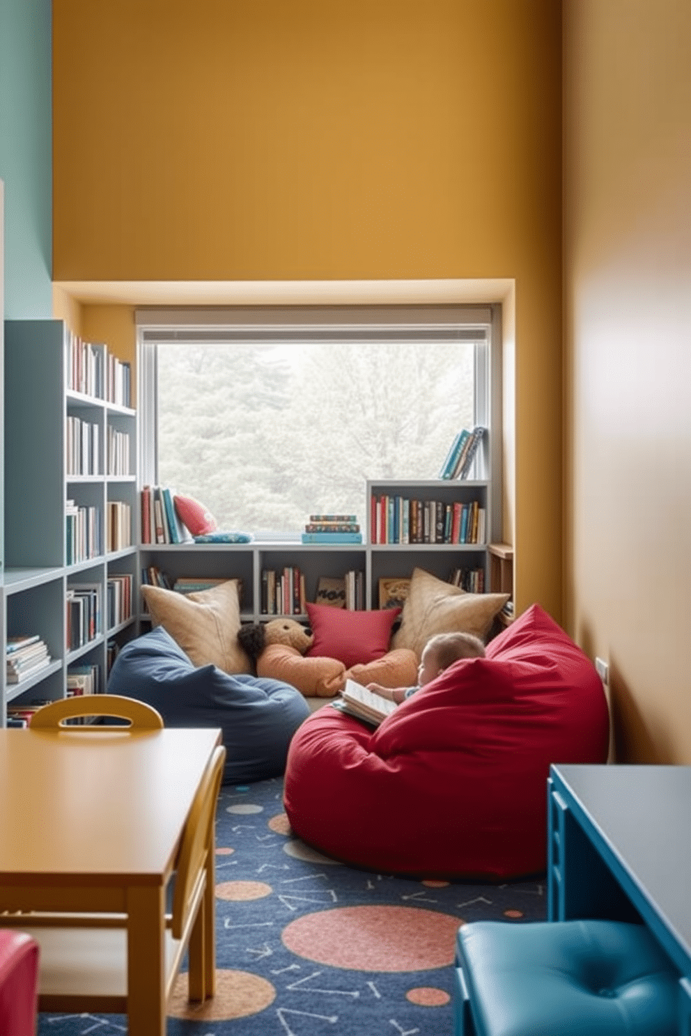 Cozy reading nook with bean bags. The nook features a large window with soft natural light pouring in, surrounded by shelves filled with colorful books. Kids playroom design ideas. The space includes vibrant wall colors, interactive play zones, and playful furniture that encourages creativity and exploration.