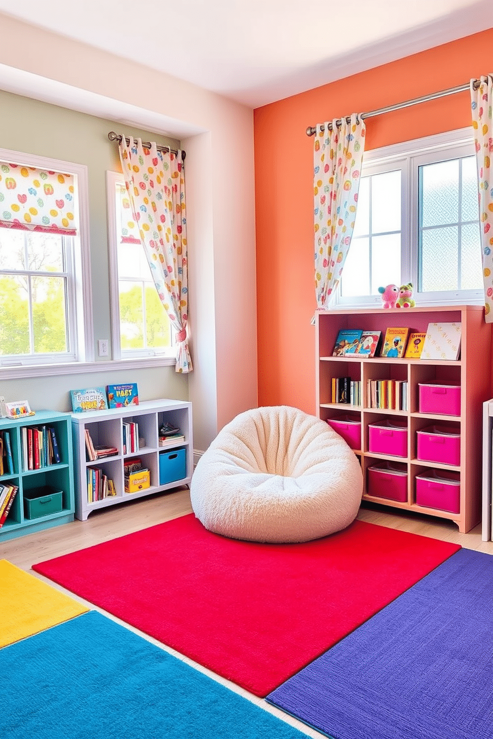 A vibrant playroom filled with energy and creativity. The walls are painted in soft pastels, while colorful curtains with playful patterns frame the windows, adding a cheerful touch to the space. A cozy reading nook is nestled in one corner, featuring a plush bean bag and a small bookshelf filled with children's books. Brightly colored rugs cover the floor, providing a soft area for play and exploration.