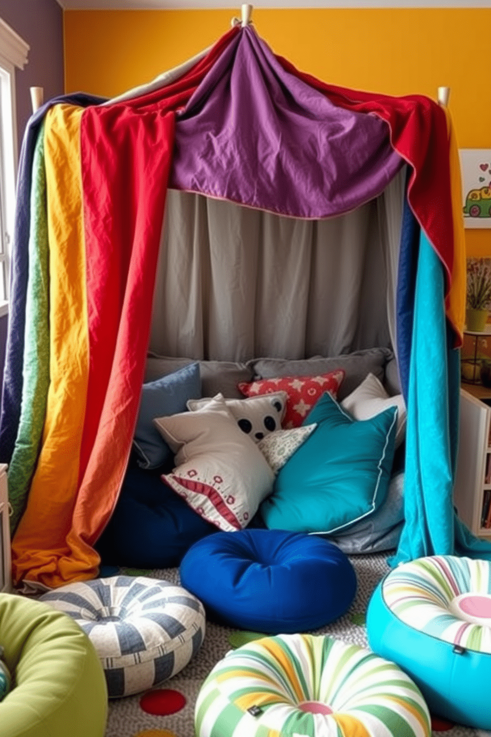 A cozy DIY fort area is created using an assortment of colorful blankets draped over furniture, forming a whimsical hideaway. Plush pillows of various sizes are scattered inside, inviting children to relax and play in their imaginative space. The kids' playroom features vibrant wall colors and playful artwork that stimulate creativity. A variety of interactive play zones, including a reading nook with bean bags and a craft station, encourage exploration and learning.