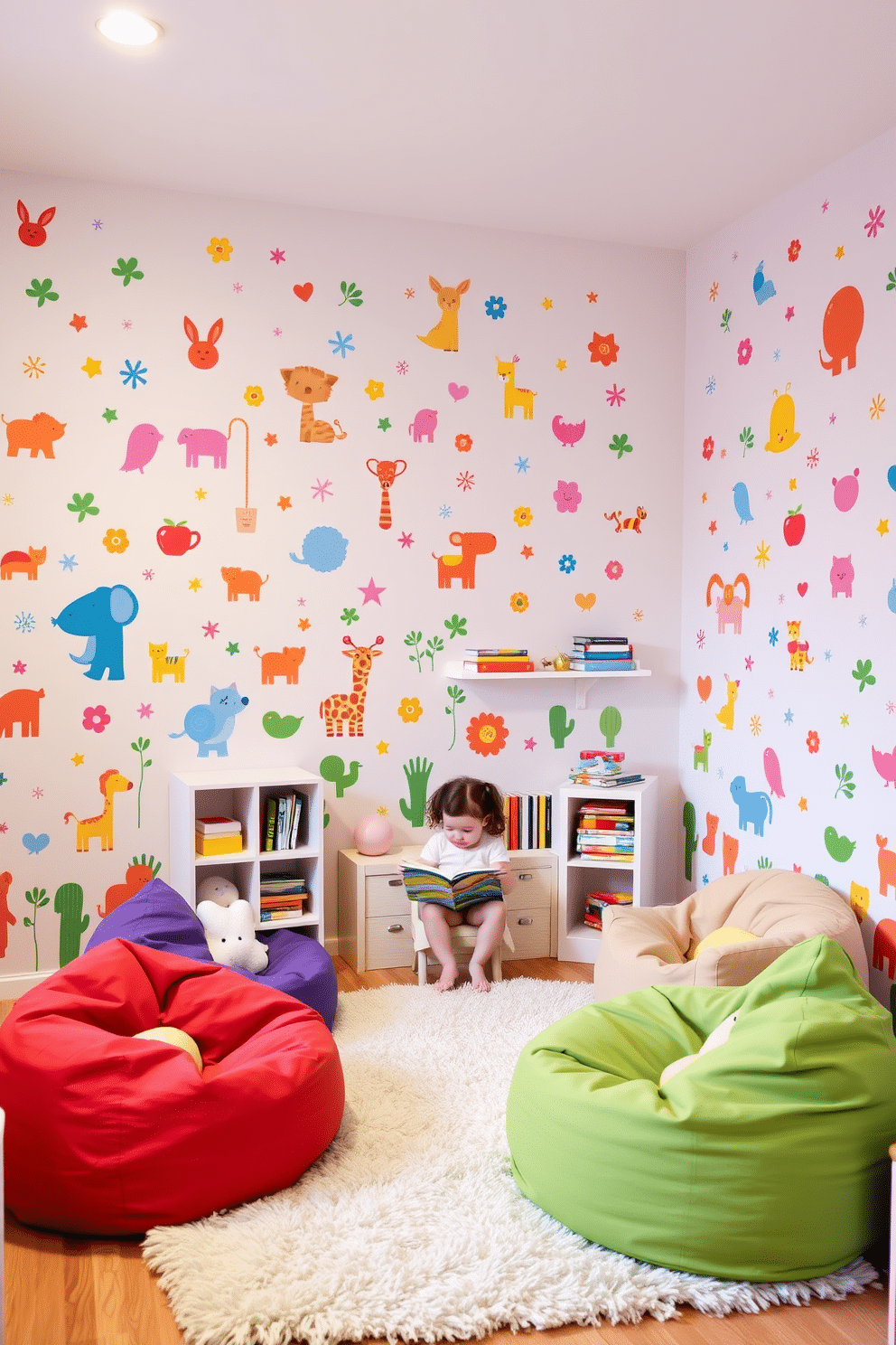 A vibrant kids' playroom filled with colorful wall decals featuring playful animals and whimsical shapes, creating a fun and imaginative atmosphere. The walls are painted in soft pastels, complementing a cozy reading nook with a plush rug and bean bags scattered around for comfort.