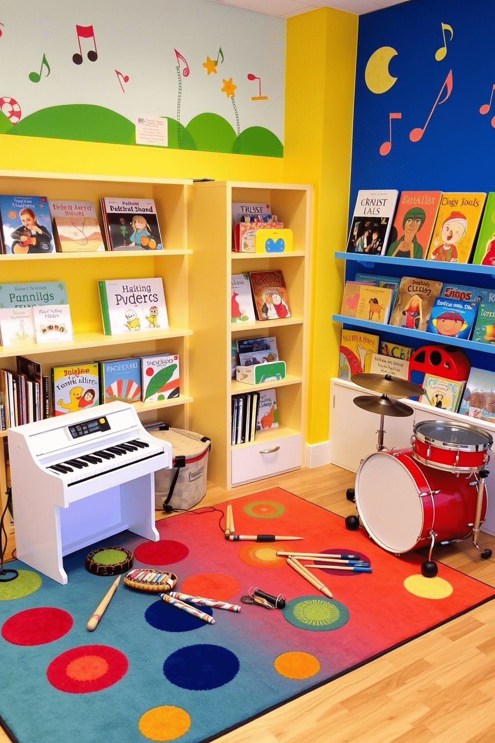 A vibrant musical corner designed for kids, featuring a colorful rug that anchors the space. Various instruments, including a small piano, a xylophone, and a set of drums, are arranged invitingly, encouraging creativity and play. The walls are adorned with playful, music-themed murals and bright, cheerful colors. Shelves filled with books about music and sound are easily accessible, creating an engaging and educational environment for young musicians.