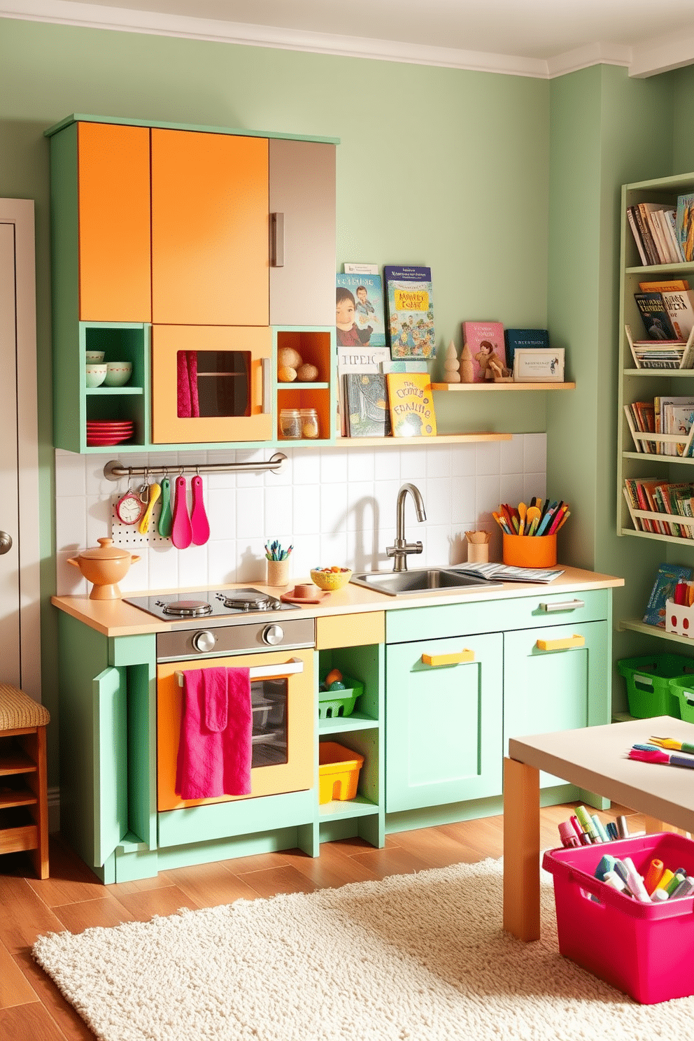 A miniature kitchen designed for imaginative cooking, featuring a bright color palette with playful accents. The cabinetry is child-sized, with open shelving displaying colorful utensils and toy food, while a small island provides a space for little chefs to create their culinary masterpieces. A vibrant kids playroom filled with interactive elements and cozy nooks. The room includes a soft, textured rug, wall-mounted bookshelves brimming with storybooks, and a variety of art supplies neatly organized in colorful bins, encouraging creativity and exploration.