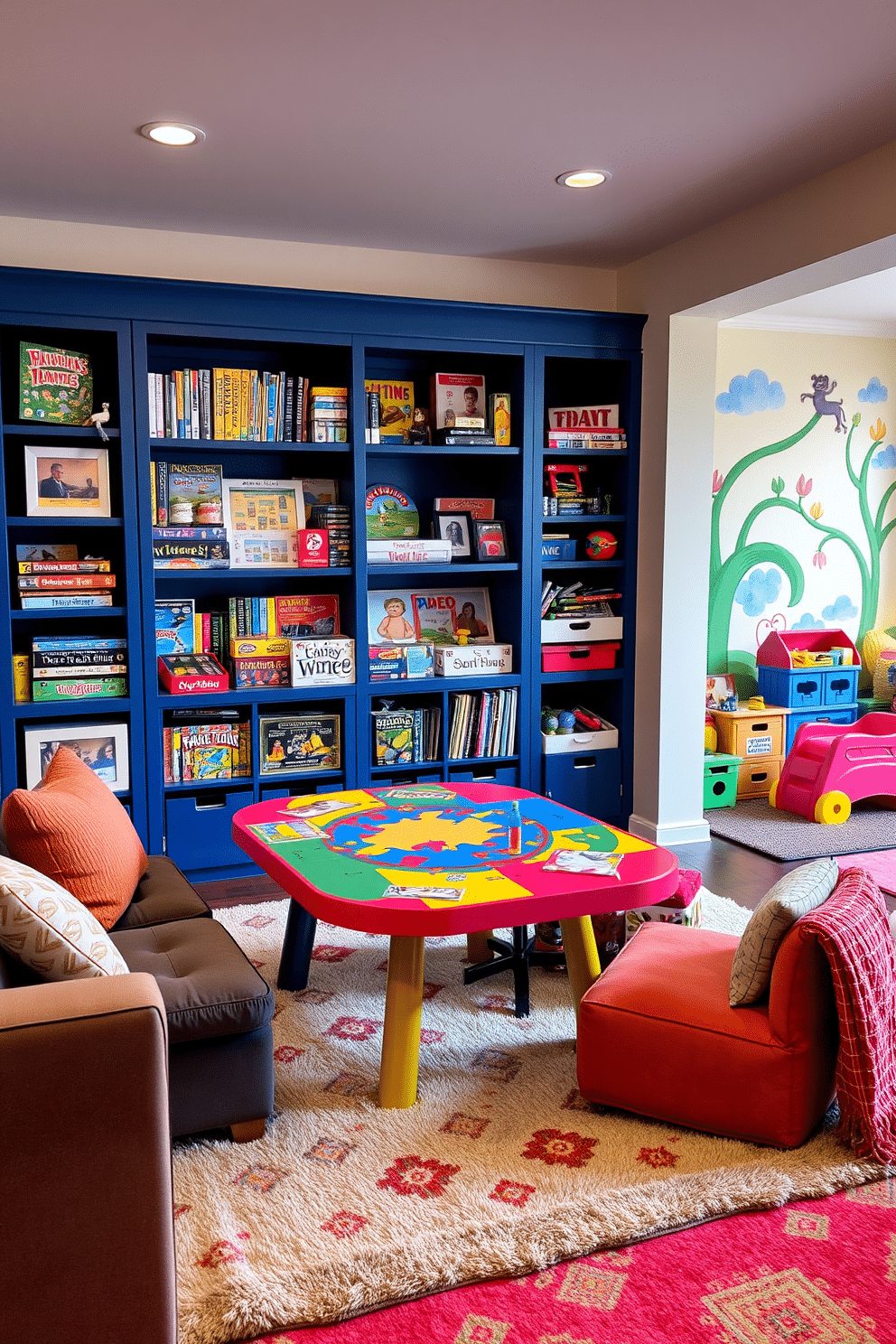 A vibrant and inviting puzzle and game station is set up in a cozy corner of the family room. The station features a large, colorful table surrounded by comfortable seating, with shelves filled with board games and puzzles neatly organized for easy access. The kids' playroom is designed with playful elements and bright colors to inspire creativity. Soft, plush rugs cover the floor, while walls are adorned with whimsical murals, and a variety of toys are arranged in fun, functional storage solutions.